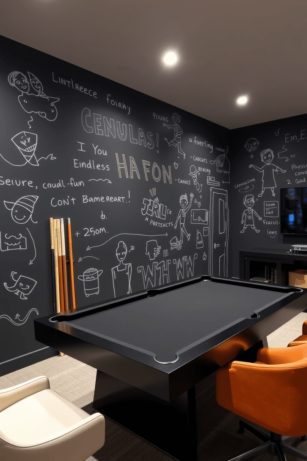 A modern game room featuring an interactive wall painted with chalkboard paint, allowing for endless creativity and fun. The space is equipped with a sleek black pool table, surrounded by contemporary seating and ambient lighting that enhances the playful atmosphere.