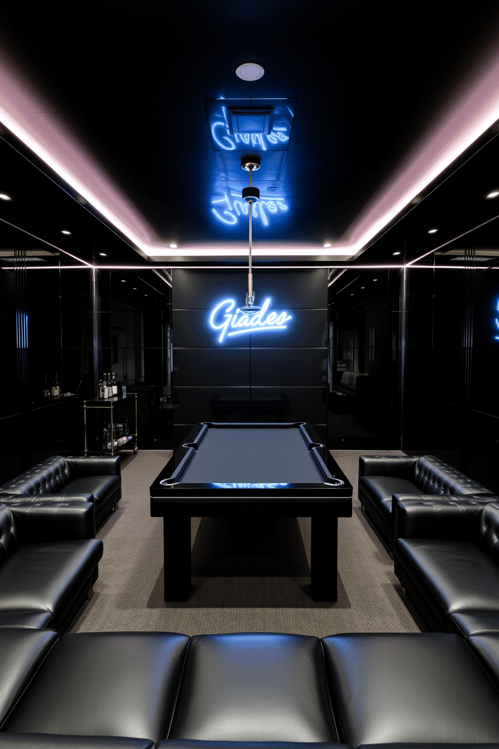 A sleek game room featuring high-gloss black finishes that exude modern appeal. The walls are adorned with glossy black panels, and the ceiling boasts integrated LED lighting for a dramatic effect. In the center, a large black billiard table is surrounded by contemporary black leather seating. A minimalist black bar cart with metallic accents sits against one wall, complemented by a striking neon sign that adds a pop of color.