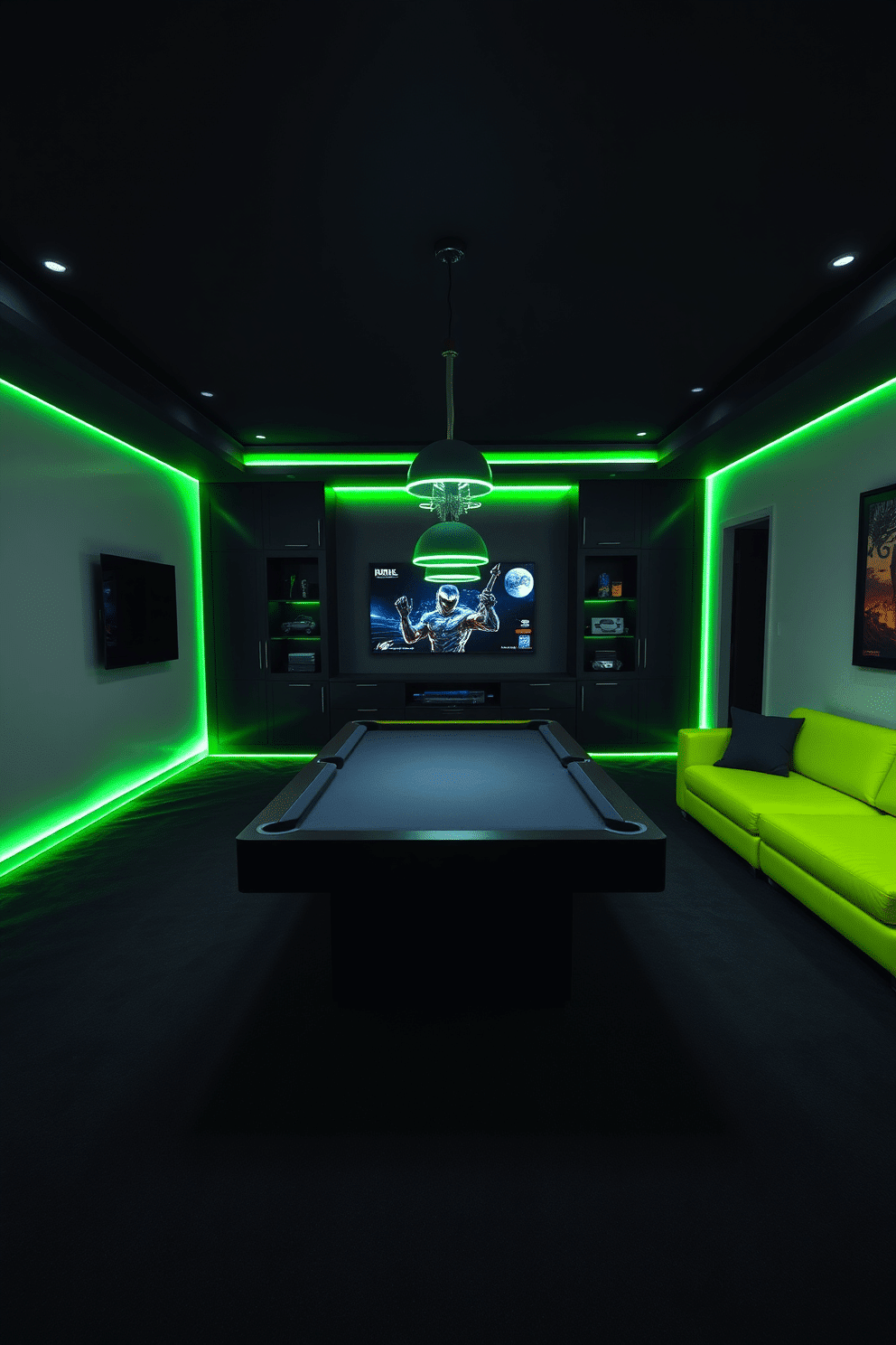 A modern game room featuring a sleek black pool table at the center, surrounded by neon green LED strip lights that outline the walls. The floor is covered in a plush black carpet, and a large neon green sectional sofa provides ample seating for guests. On one side, a wall-mounted flat-screen TV is framed by custom black cabinetry, showcasing gaming consoles and accessories. The ceiling is painted matte black, with neon green pendant lights hanging above the pool table, creating a vibrant and immersive atmosphere.