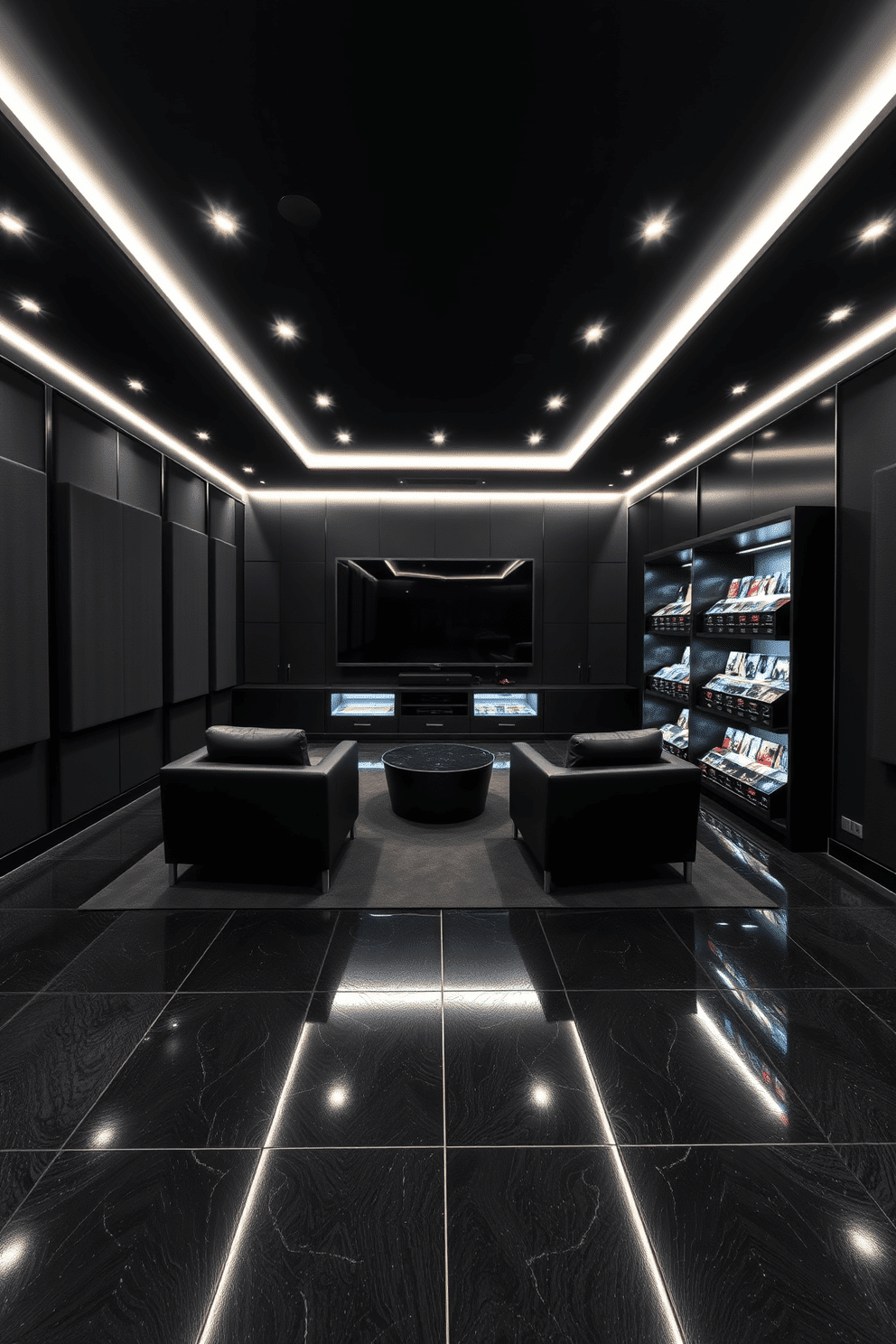 A sleek black game room designed for ultimate entertainment. The walls are adorned with soundproofing panels that enhance acoustics, while plush seating surrounds a large screen for immersive gaming experiences. The flooring features a dark, glossy finish that complements the modern aesthetic. Accent lighting highlights the game shelves, creating an inviting atmosphere for friends and family to gather.