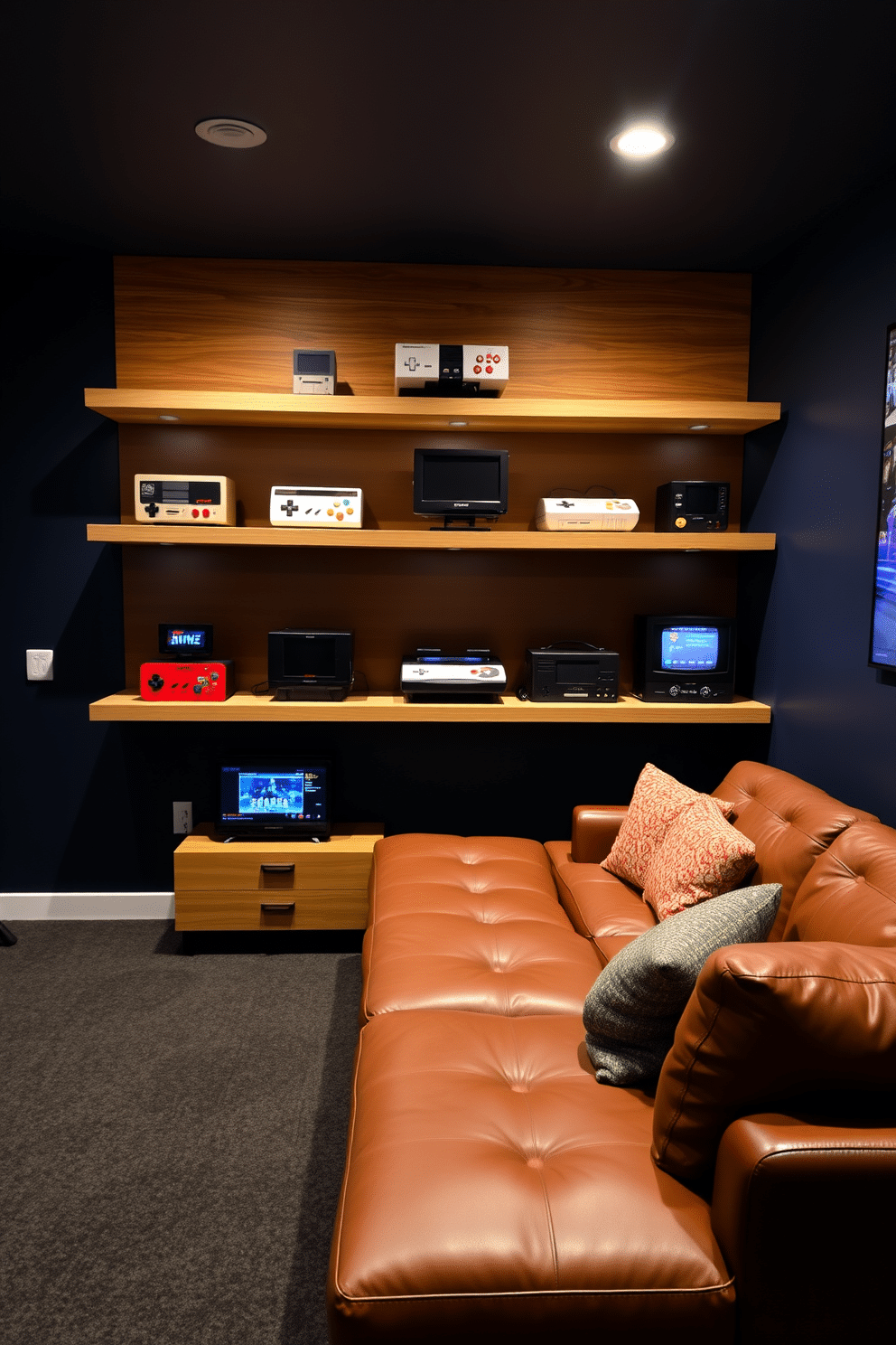 A stylish game room featuring vintage gaming consoles artfully displayed on sleek wooden shelves. The walls are painted in a deep navy blue, complemented by a plush, dark gray carpet that invites relaxation and play. Soft ambient lighting illuminates the room, highlighting the consoles and creating a nostalgic atmosphere. A comfortable sectional sofa in a rich leather offers ample seating for friends and family to enjoy gaming sessions together.