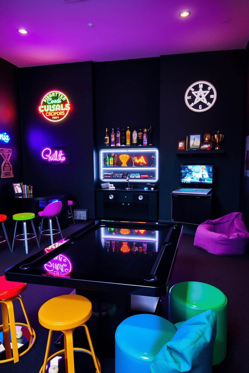 A striking game room featuring black walls that create a bold backdrop for vibrant decor pieces. The space includes a sleek pool table with a glossy finish, surrounded by colorful bar stools and neon signs that illuminate the room. In one corner, a modern gaming console setup is complemented by plush bean bags in contrasting colors for a cozy seating arrangement. A wall-mounted display showcases trophies and memorabilia, adding a personal touch to the stylish ambiance.