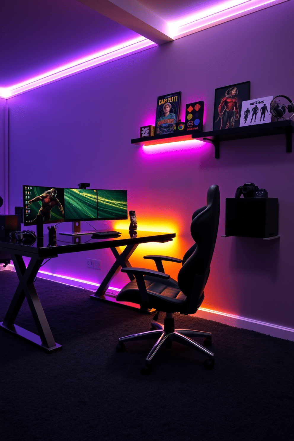 A sleek gaming desk is positioned against the wall, featuring a glossy black finish and ample surface space for multiple monitors. An ergonomic black chair with adjustable features complements the desk, ensuring comfort during long gaming sessions. The walls are adorned with vibrant LED strip lighting, casting a dynamic glow throughout the room. Plush carpeting in a dark shade provides a cozy feel, while a wall-mounted shelf displays collectible gaming memorabilia and artwork.