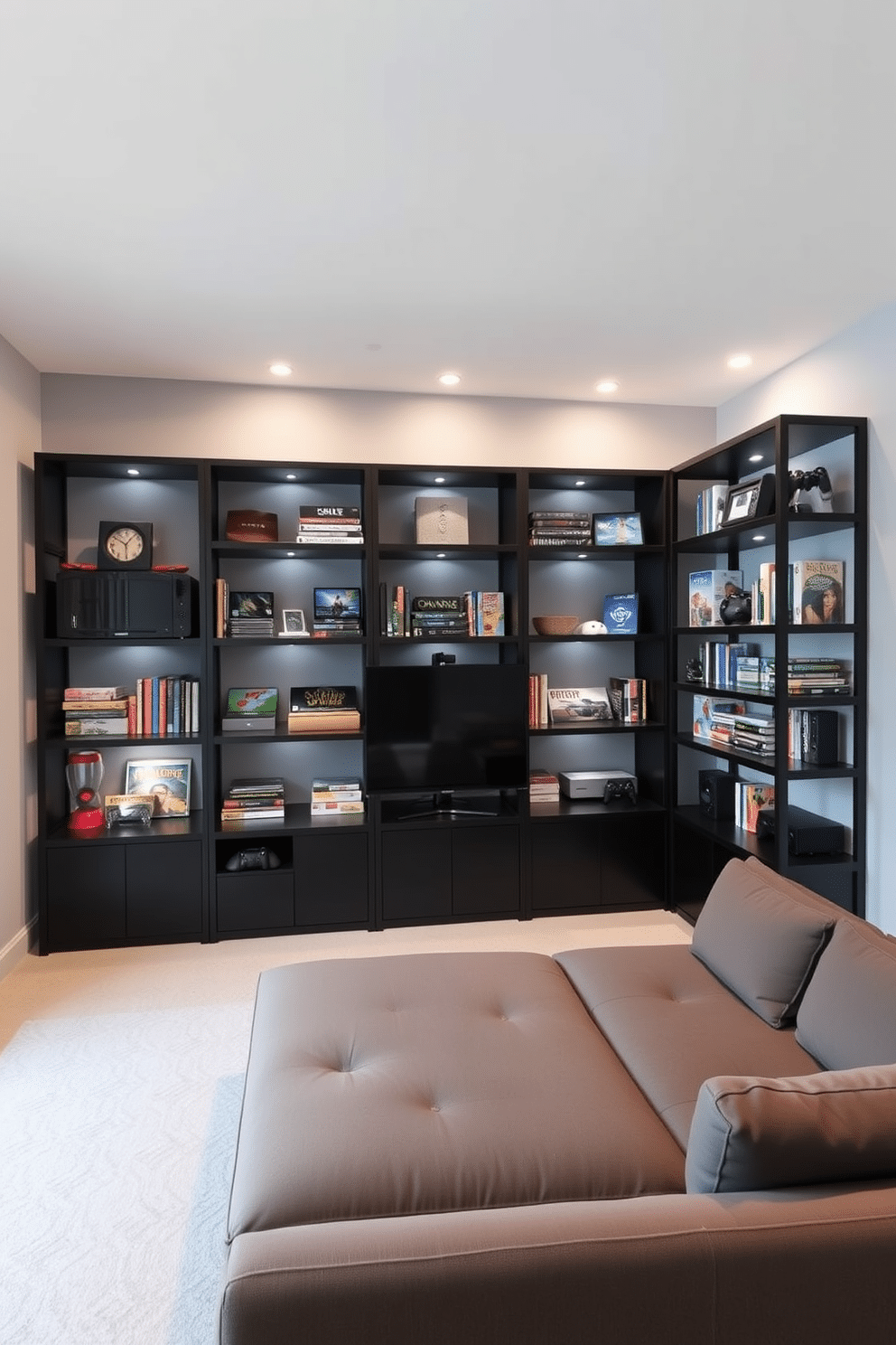 A sleek game room featuring minimalist black shelving units, designed for optimal game storage and organization. The walls are painted in a soft gray, providing a neutral backdrop that enhances the modern aesthetic of the space. The shelving is arranged in a symmetrical layout, showcasing an array of neatly organized board games and gaming consoles. A plush, low-profile sectional sofa in a contrasting color invites relaxation, while ambient lighting highlights the game collection.