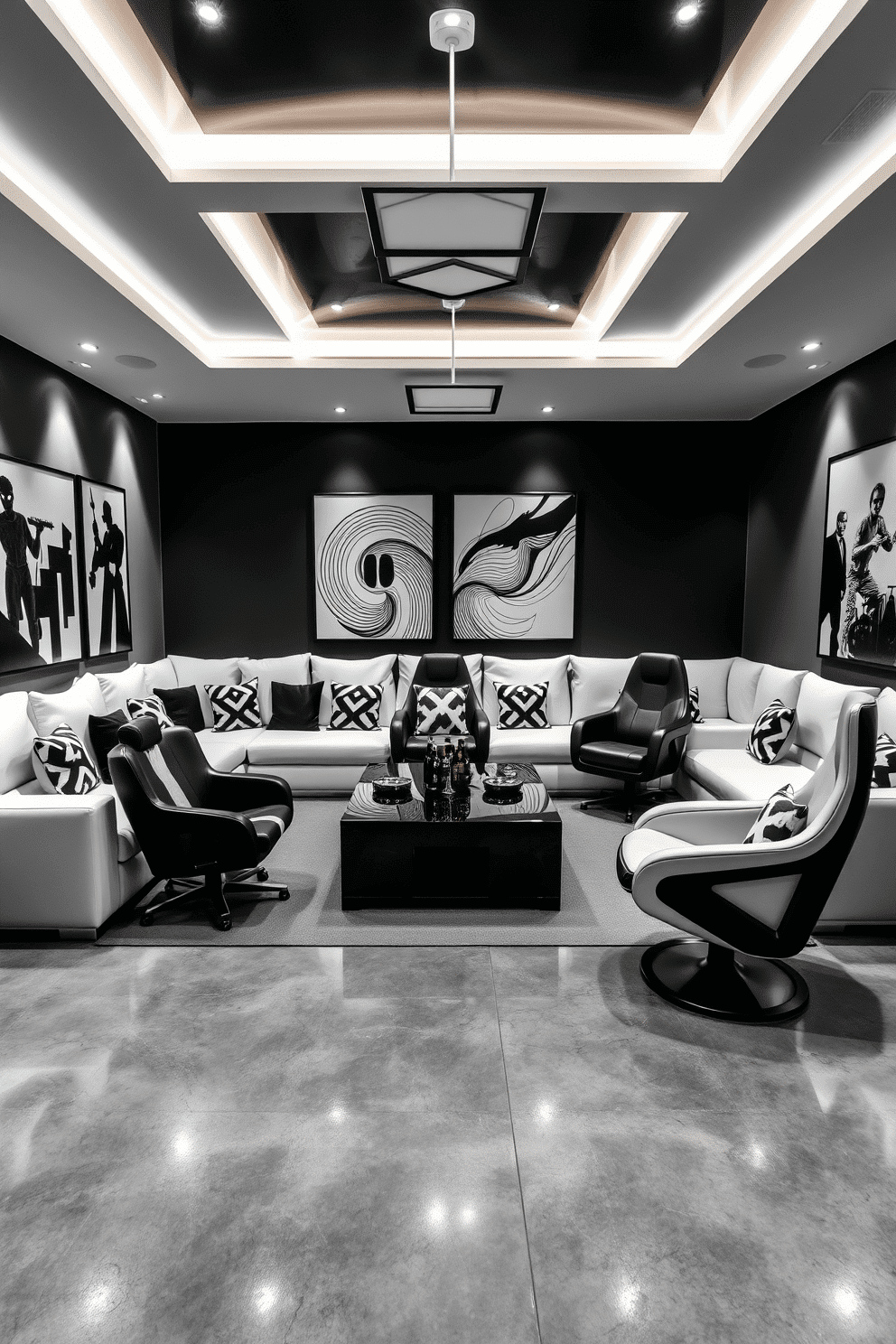 A sleek black and white game room featuring a large sectional sofa with plush cushions, accented by bold geometric throw pillows. The walls are adorned with striking black and white artwork, while a contemporary coffee table sits in the center, surrounded by stylish gaming chairs. The flooring is a polished concrete with a subtle sheen, providing a modern touch to the space. Ambient lighting fixtures with a minimalist design illuminate the room, enhancing the overall aesthetic and creating a vibrant atmosphere for entertainment.