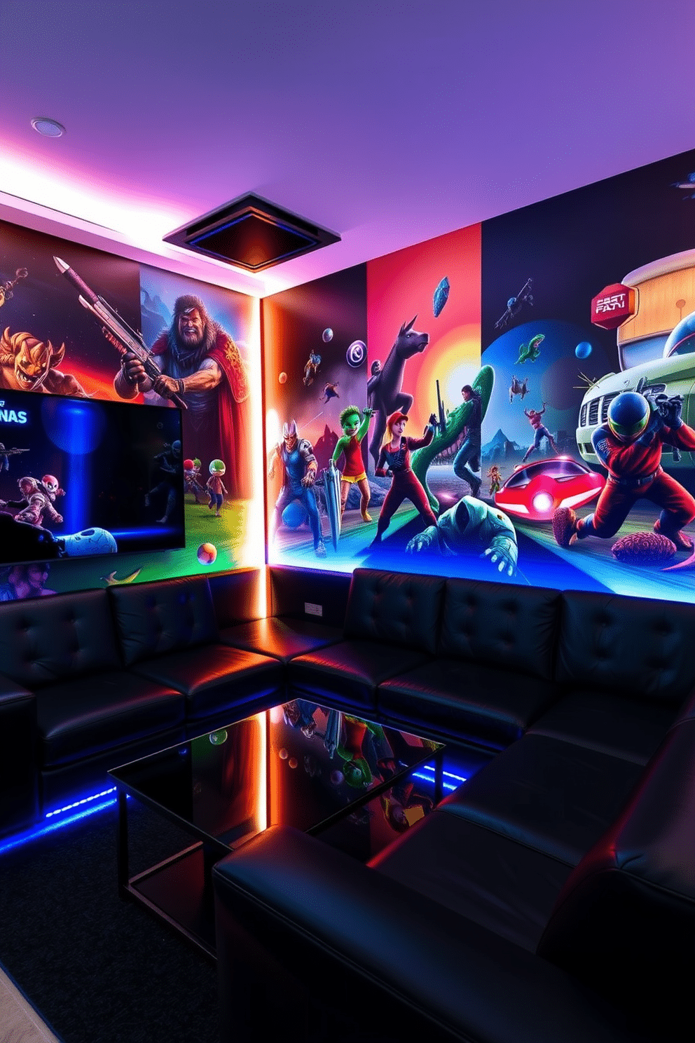 A striking accent wall featuring vibrant gaming-themed murals sets the tone for a dynamic game room. The wall showcases a blend of popular video game characters and landscapes, creating an immersive atmosphere for gamers. The room is furnished with sleek black furniture, including a modern sectional sofa and a stylish coffee table. Ambient LED lighting complements the dark color scheme, enhancing the overall gaming experience.