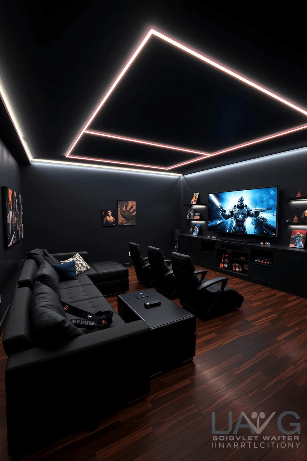 A sleek game room featuring LED strip lights along the ceiling that create an ambient glow. The walls are painted in a deep charcoal color, with plush black seating arranged around a modern gaming console setup. The floor is covered in a dark hardwood, providing a warm contrast to the bold color palette. A large wall-mounted screen dominates one side of the room, flanked by shelves displaying gaming memorabilia and art.