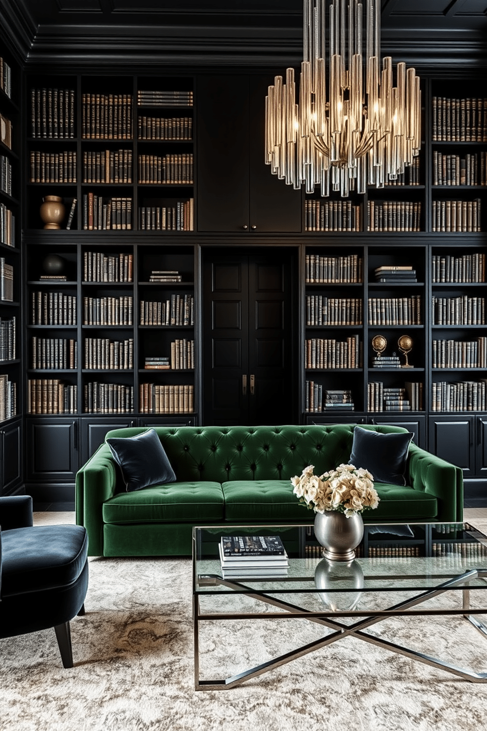 A sleek black home library features floor-to-ceiling bookshelves adorned with gold accents, creating a striking contrast against the dark walls. A plush, deep green velvet sofa sits in the center, complemented by a chic glass coffee table that reflects the warm glow of a contemporary chandelier above.