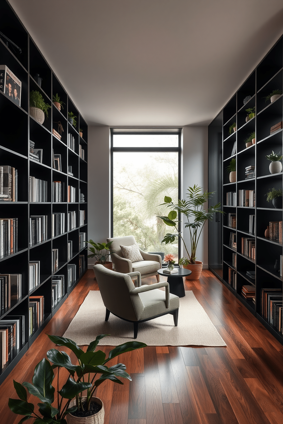 A minimalist black shelving unit lines the walls of the home library, showcasing a curated selection of books and decorative plants. Soft, ambient lighting highlights the sleek design, creating a tranquil reading nook in the corner with a comfortable armchair and a small side table. The library features a rich wooden floor that contrasts beautifully with the black shelves, while large windows allow natural light to flood the space. A cozy rug anchors the seating area, and strategically placed greenery adds a touch of life to the sophisticated atmosphere.