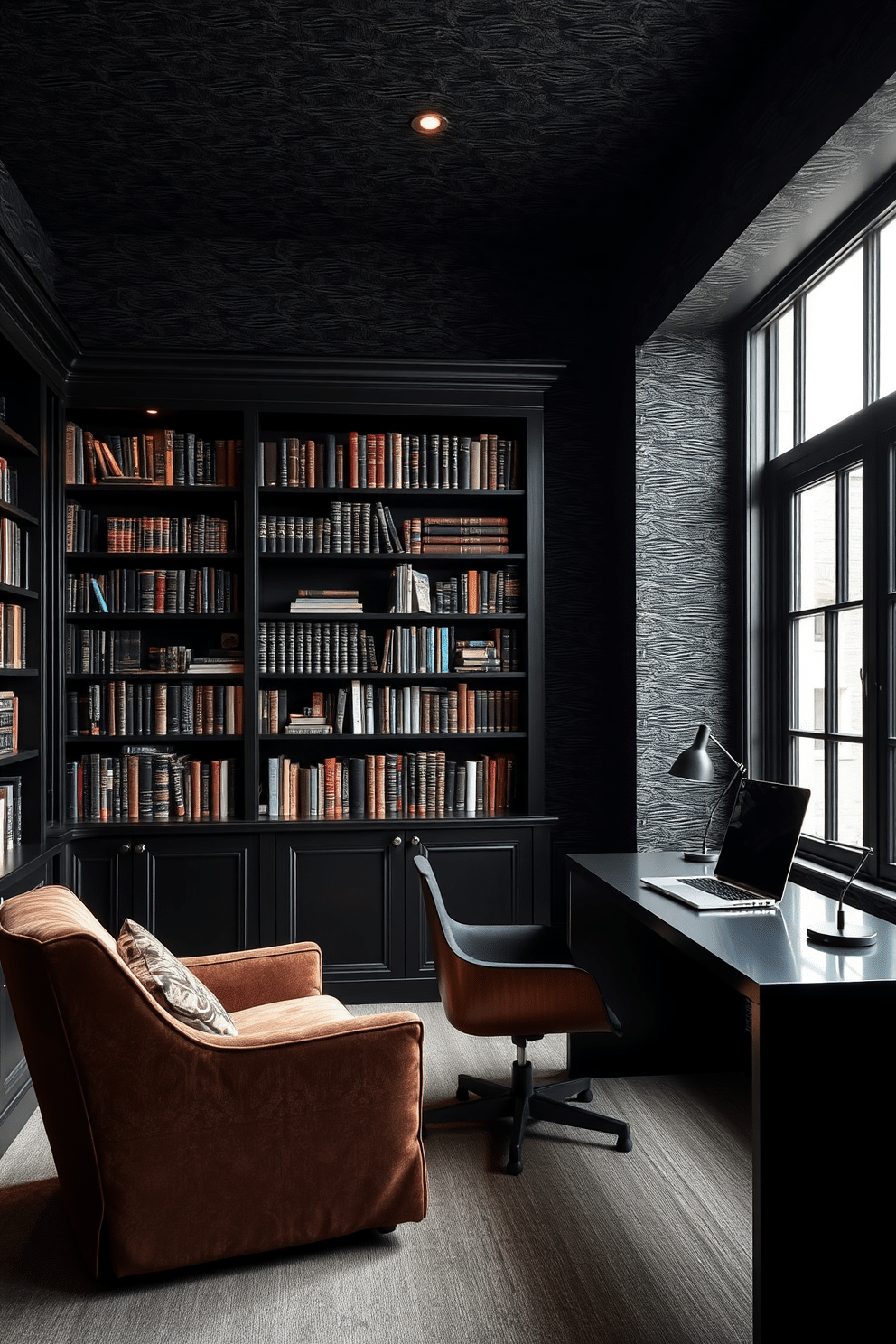 Textured black wallpaper adds depth and sophistication to the space, creating a dramatic backdrop for the room. The library features dark wooden bookshelves filled with an array of books, complemented by a plush, oversized armchair in a rich fabric. Soft, ambient lighting illuminates the room, highlighting the intricate patterns of the wallpaper. A sleek, modern desk is positioned near a large window, providing a perfect spot for reading or studying.