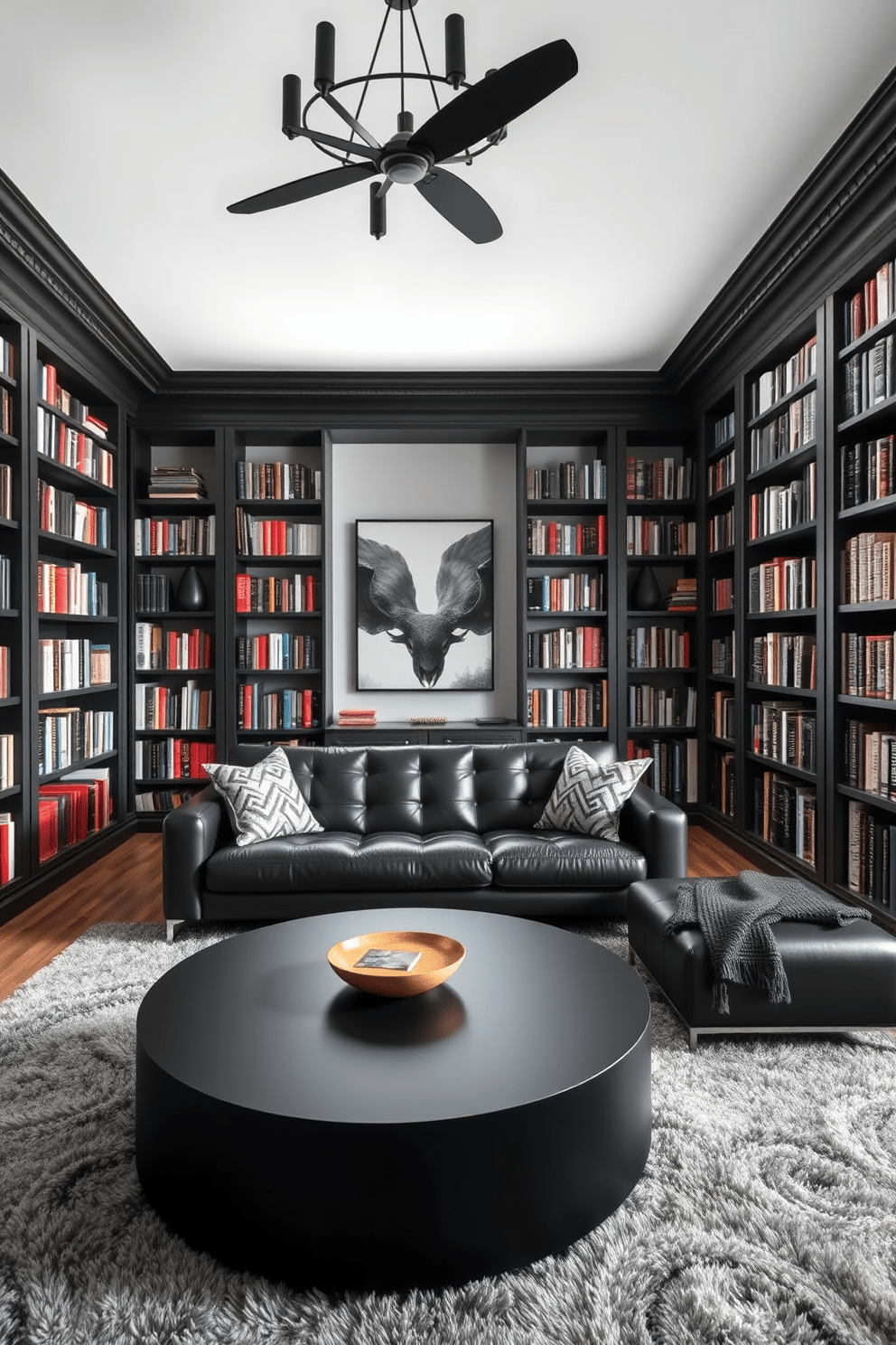 A stunning home library featuring a black and gray color scheme. The walls are adorned with dark gray bookshelves filled with an array of books, while a sleek black leather sofa invites comfort and relaxation. A large, round black coffee table sits in the center, complemented by a plush gray area rug that adds warmth to the space. Soft, ambient lighting from black sconces illuminates the room, creating a cozy atmosphere perfect for reading and reflection.