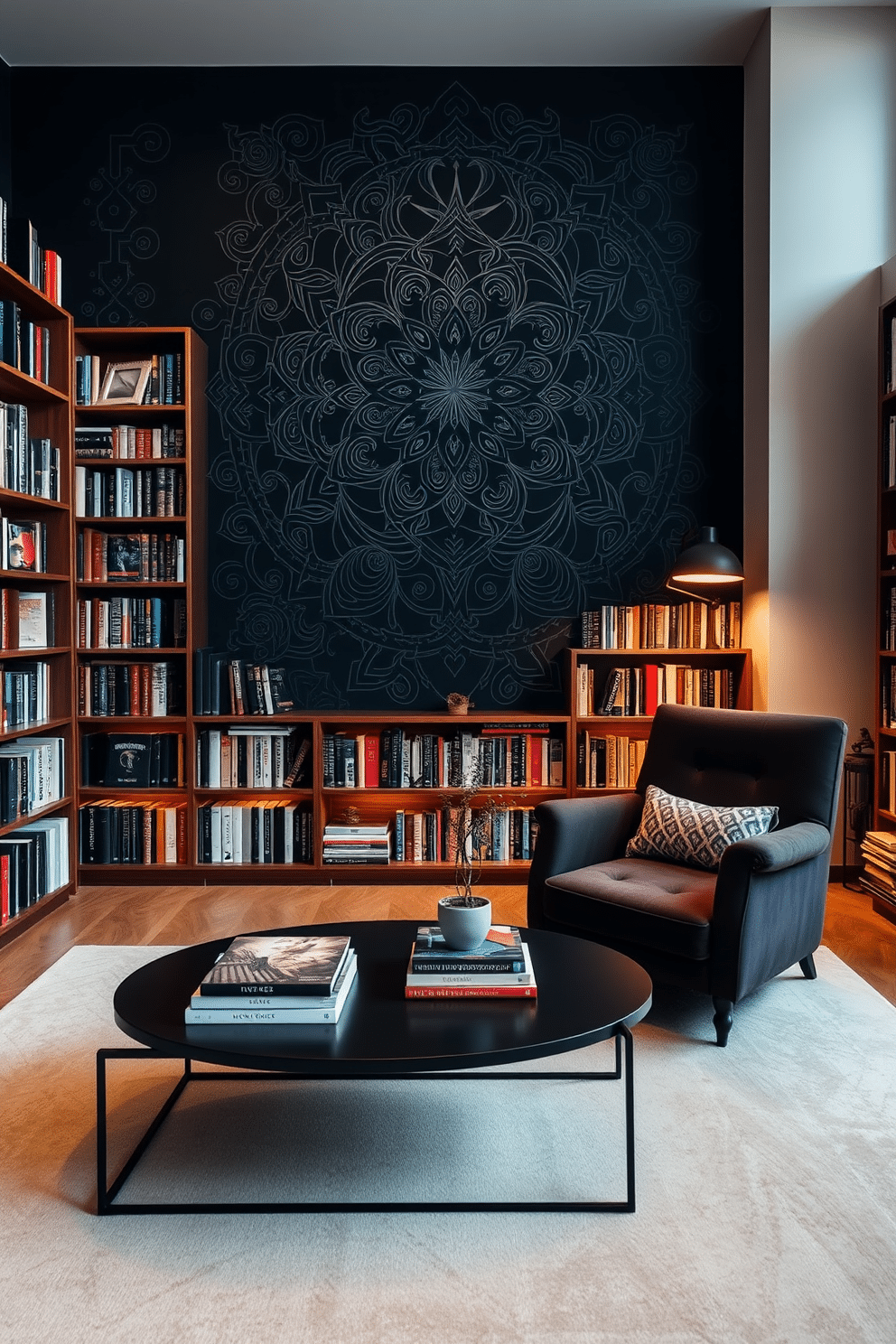 A striking black mural serves as the focal point of the home library, drawing the eye with its intricate design and bold contrast against the surrounding decor. The library features rich wooden bookshelves filled with an array of books, complemented by a plush, deep-colored armchair for comfortable reading. Soft, ambient lighting illuminates the space, creating a warm and inviting atmosphere perfect for relaxation. A sleek, modern coffee table sits in the center, adorned with art books and a small decorative plant, enhancing the artistic vibe of the room.