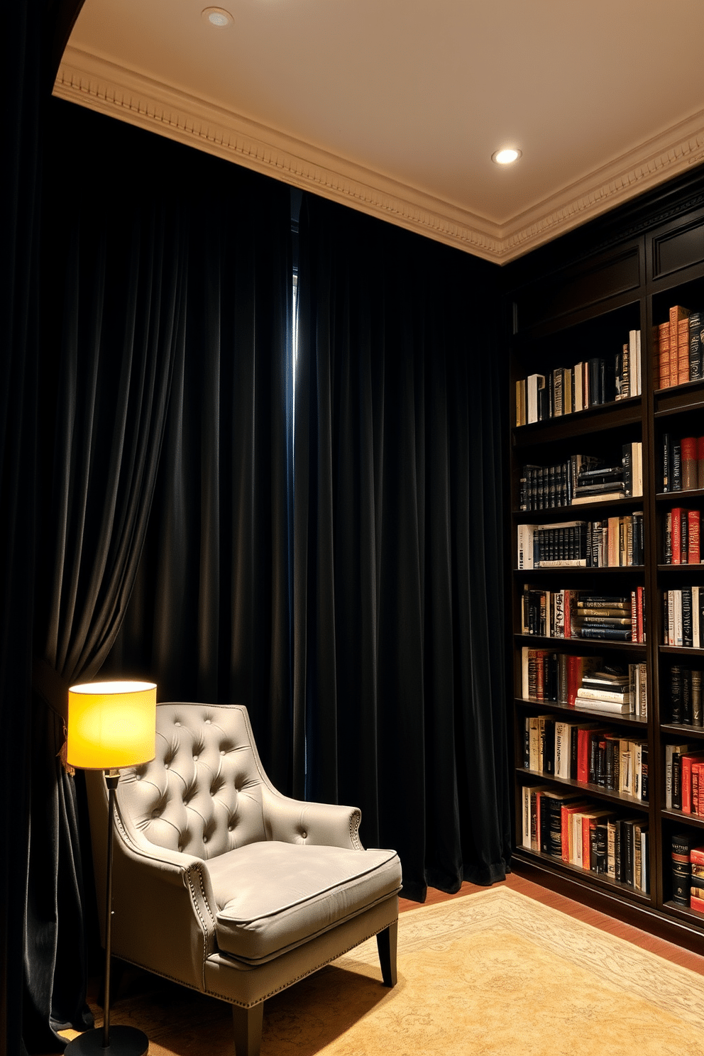 Luxurious black velvet curtains cascade elegantly from the ceiling to the floor, providing an opulent touch while ensuring complete privacy. The deep, rich texture of the fabric contrasts beautifully with the surrounding decor, creating a cozy and inviting atmosphere. The home library features dark wood bookshelves that stretch from floor to ceiling, filled with an extensive collection of classic literature and modern titles. A plush, tufted armchair sits in the corner, accompanied by a sleek side table and a warm reading lamp, inviting you to settle in with a good book.