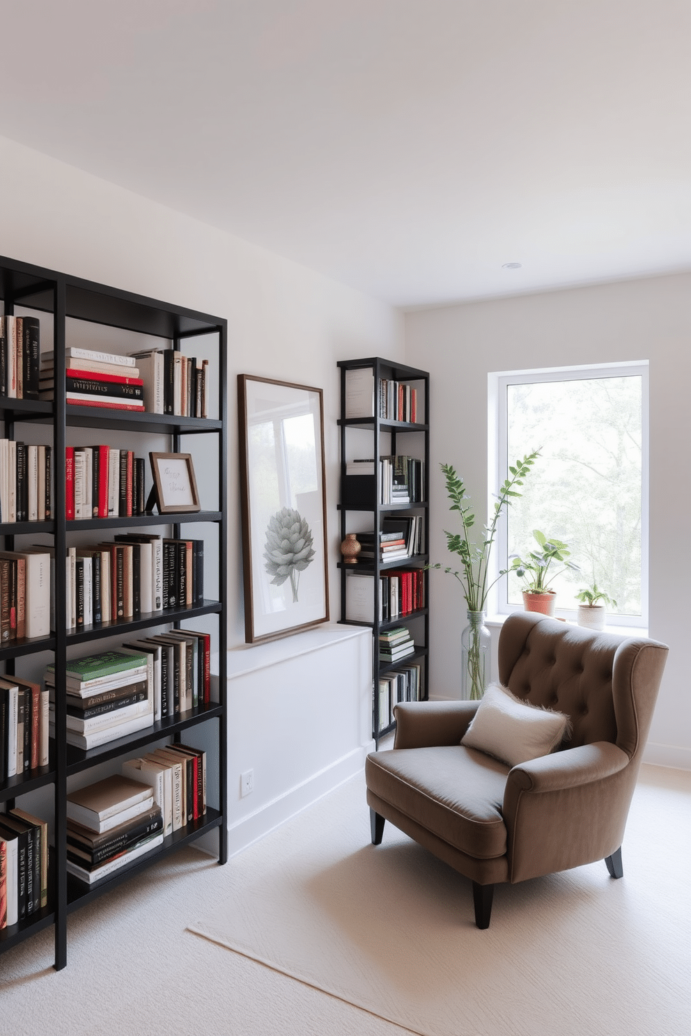 A stylish open concept home library features black floating shelves that elegantly display a curated selection of books and decorative objects. The walls are painted in a soft white, creating a bright and inviting atmosphere, while a cozy reading nook with a plush armchair is positioned near a large window.