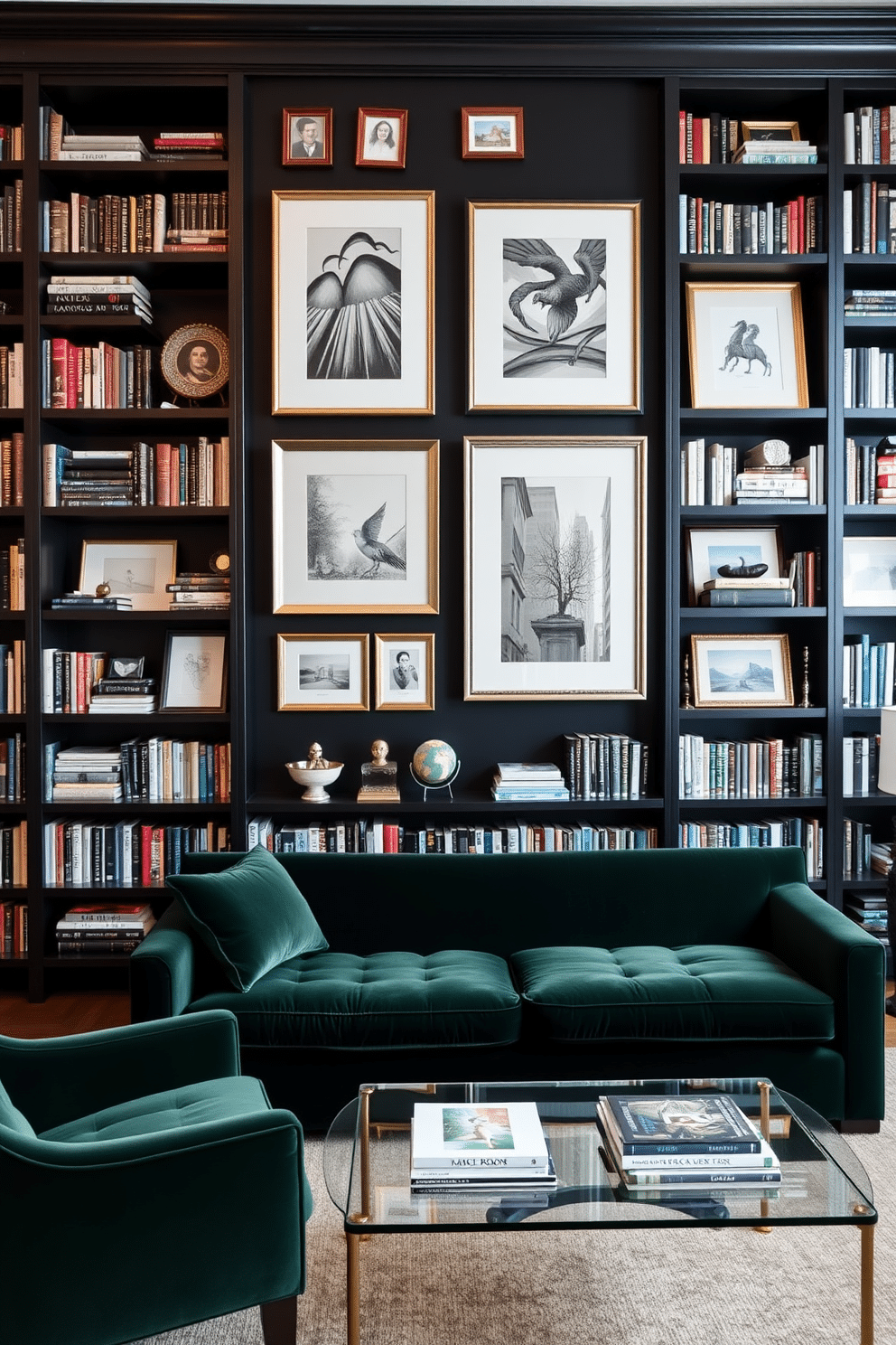 A striking black accent wall serves as the backdrop for an elegant home library. Framed art pieces in various styles and sizes are arranged thoughtfully, creating a visually stimulating focal point. The library features dark wood bookshelves that stretch from floor to ceiling, filled with an array of books and decorative objects. A plush, deep green velvet sofa is positioned in front of the shelves, complemented by a sleek glass coffee table and a cozy reading nook with a stylish armchair.