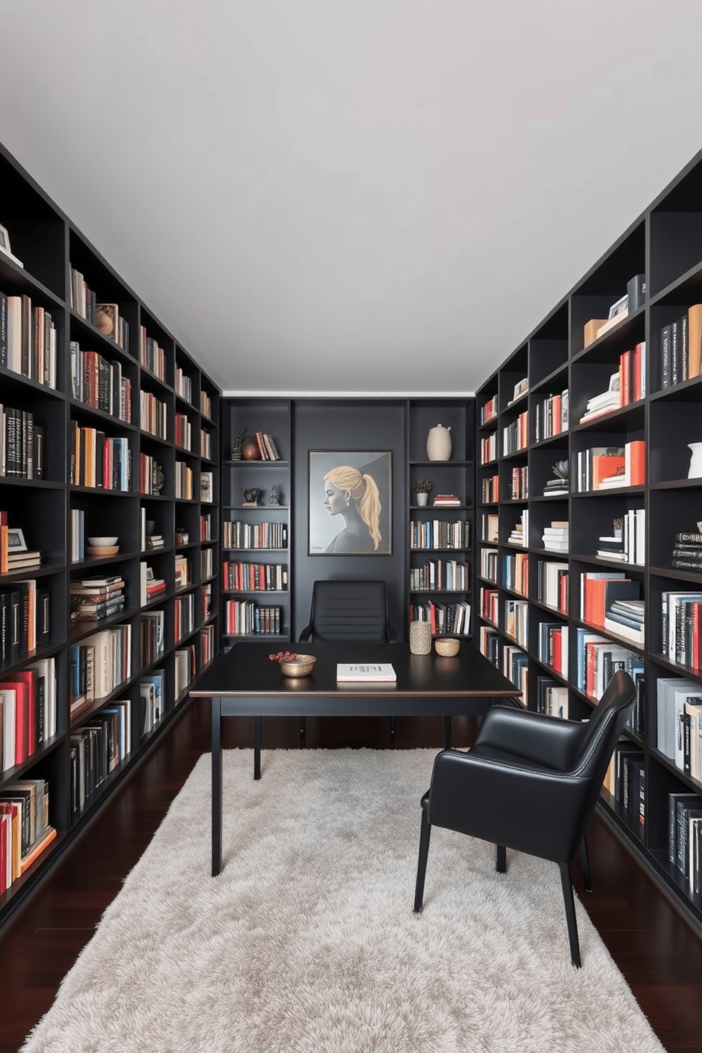 A modern black desk is positioned centrally in a sleek home library, complemented by floor-to-ceiling bookshelves filled with an array of books and decorative items. The walls are painted in a deep charcoal gray, while a plush area rug in a lighter shade anchors the space, adding warmth and texture.