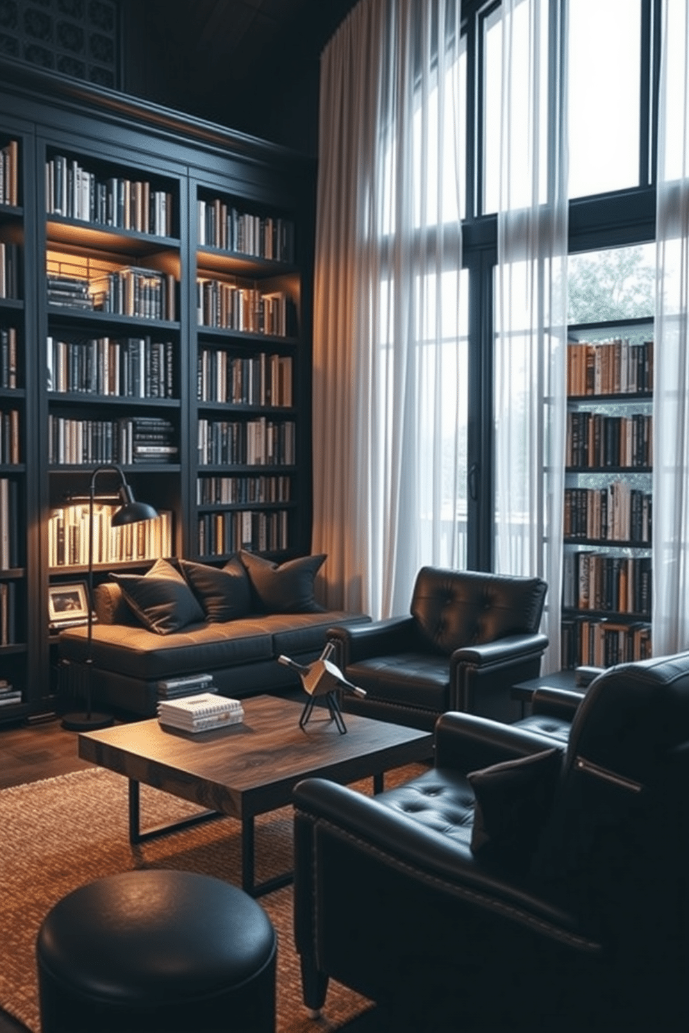 A cozy reading nook featuring plush black cushions is nestled in a corner, illuminated by soft ambient lighting from a stylish floor lamp. The walls are lined with dark wooden bookshelves filled with an array of books, while a warm, textured rug adds comfort underfoot. In this black home library design, rich black leather armchairs invite relaxation, complemented by a sleek coffee table made of reclaimed wood. Large windows allow natural light to filter in, framed by elegant sheer curtains that enhance the sophisticated atmosphere.