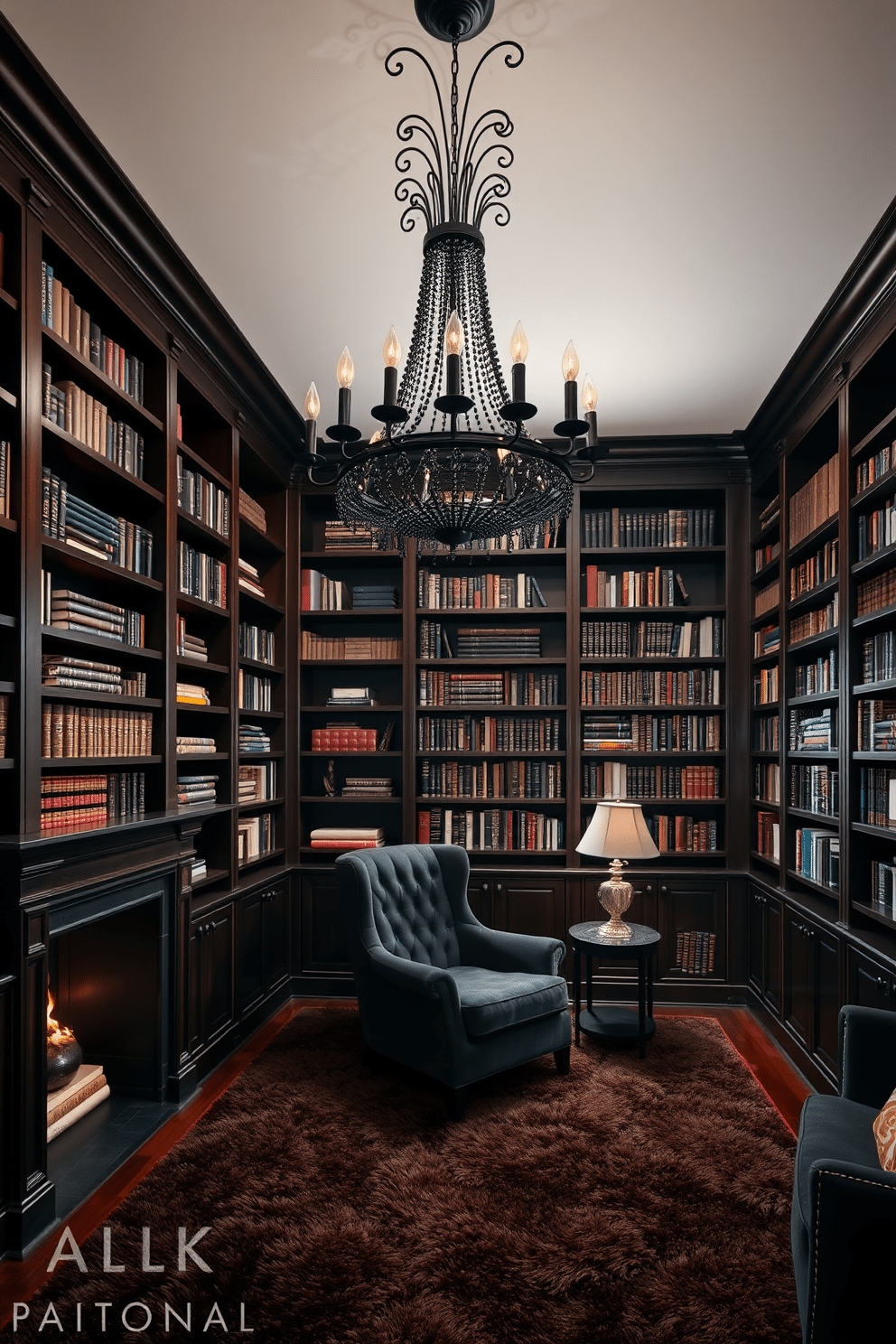 A stunning black chandelier hangs gracefully from the ceiling, its intricate design casting a warm glow throughout the room. Below, a plush, deep-colored area rug anchors the space, complementing the rich textures of the surrounding furnishings. The home library features dark wood bookshelves that stretch from floor to ceiling, filled with an array of books and decorative items. A cozy reading nook is nestled in one corner, complete with a luxurious armchair and a small side table, inviting relaxation and contemplation.