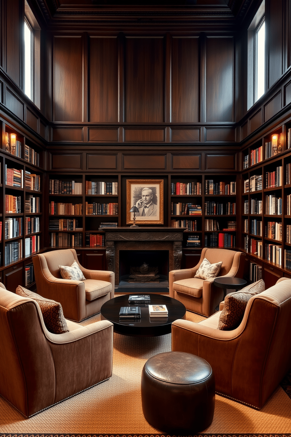 A warm and inviting home library features dark wood paneling that envelops the space, creating a rich and cozy atmosphere. Plush, oversized armchairs are arranged around a low coffee table, inviting readers to relax with their favorite books. The shelves are filled with an extensive collection of books, showcasing a variety of genres and styles. Soft, ambient lighting from elegant sconces highlights the dark wood and creates a perfect reading nook.