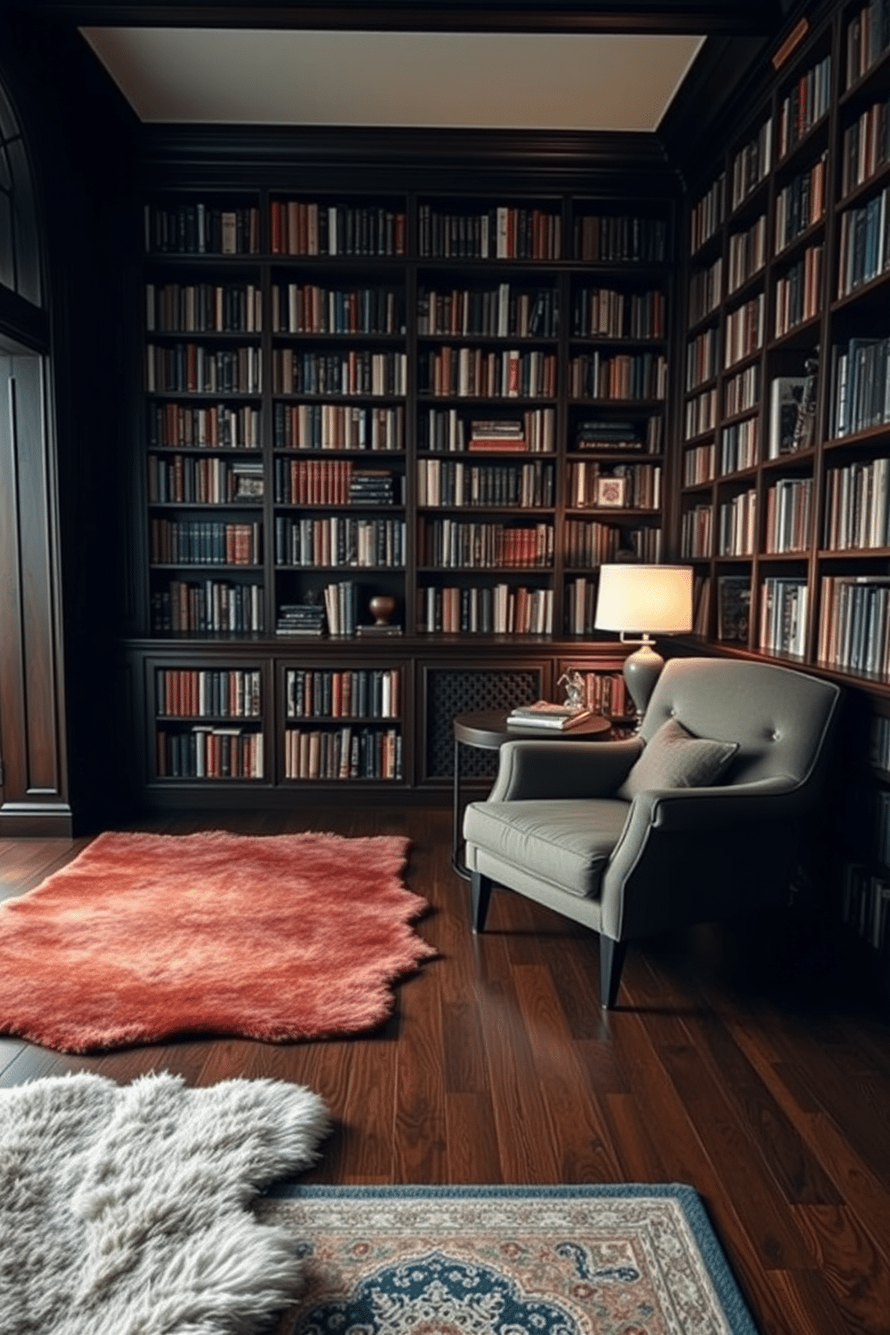 A cozy home library with dark wood flooring that adds warmth to the space. Plush area rugs in rich colors are strategically placed to define reading zones and enhance comfort. The walls are lined with floor-to-ceiling bookshelves filled with a curated selection of books. A large, inviting armchair sits in the corner, accompanied by a stylish side table and a soft reading lamp for the perfect reading nook.