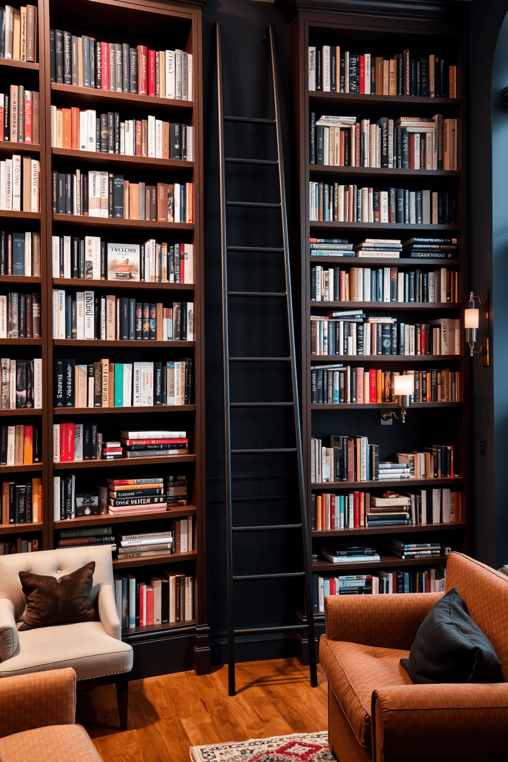 A stylish black ladder leans against high shelves filled with an array of books, showcasing a mix of classic literature and modern design books. The ladder's sleek lines and matte finish contrast beautifully with the warm wood tones of the shelves, creating a striking focal point in the room. The home library features deep, rich colors on the walls, complemented by plush seating arrangements that invite relaxation and reading. Soft lighting from elegant sconces casts a warm glow, enhancing the cozy atmosphere and highlighting the curated collection of literary treasures.