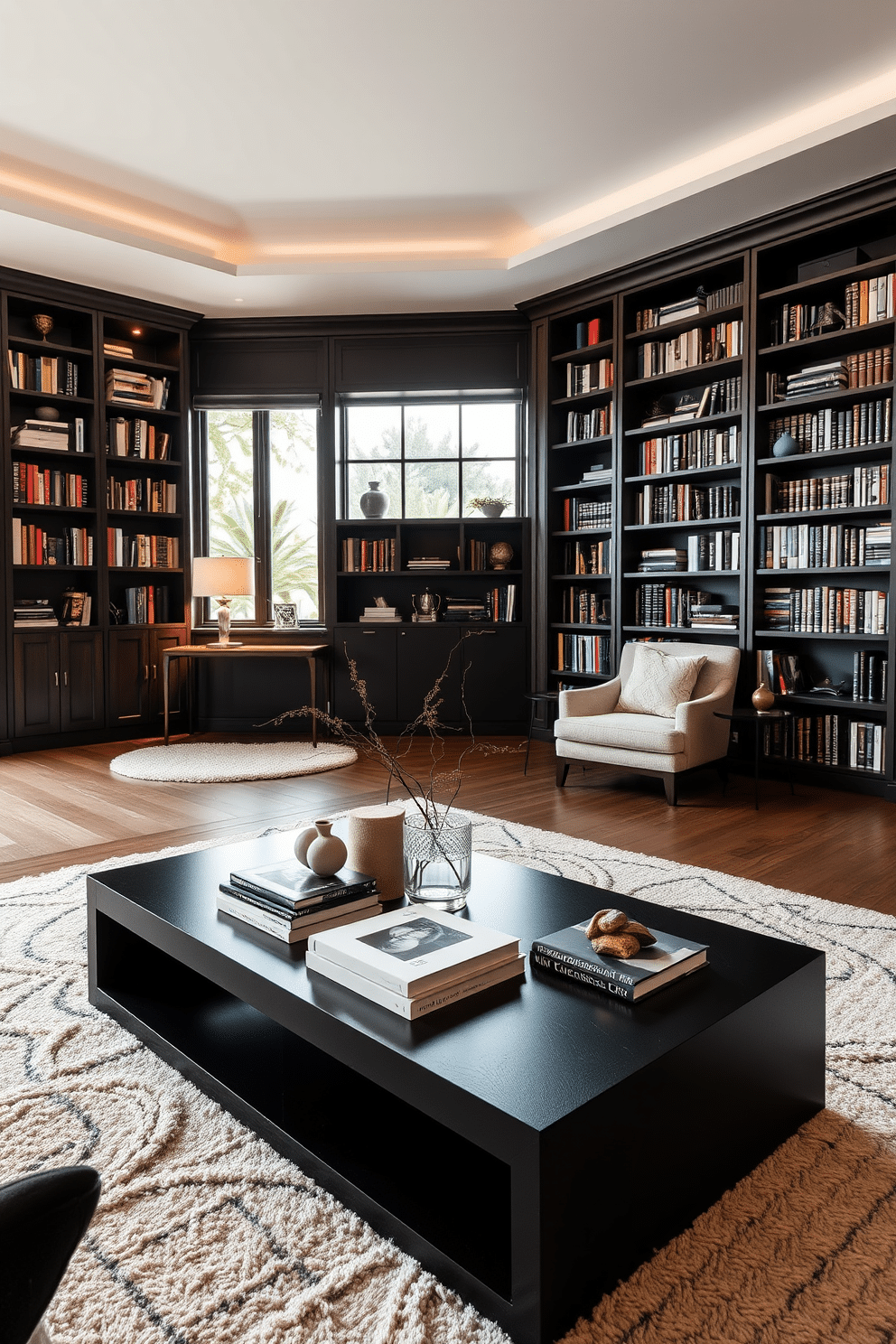 A sleek contemporary black coffee table serves as the focal point of the living room, adorned with a stylish arrangement of decorative books, a minimalist vase, and a few carefully selected art pieces. The table's smooth surface contrasts beautifully with the plush area rug beneath, creating an inviting and sophisticated atmosphere. The home library features dark wood bookshelves that stretch from floor to ceiling, filled with an extensive collection of books and accented by soft, ambient lighting. A cozy reading nook with a plush armchair and a small side table invites relaxation, while large windows allow natural light to filter in, enhancing the warm, inviting ambiance.