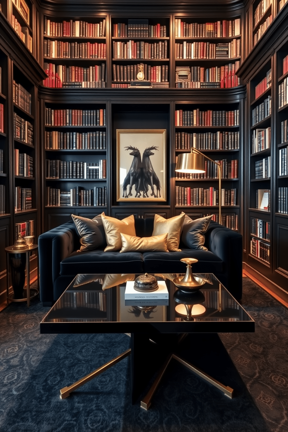 A luxurious home library with black and brass decor accents. The walls are lined with dark wood bookshelves filled with books, and a plush black velvet sofa is positioned in the center, adorned with brass throw pillows. A sleek black coffee table with brass legs sits in front of the sofa, complemented by a stylish brass floor lamp in the corner. The lighting is warm and inviting, highlighting the rich textures of the space and creating a cozy reading nook.