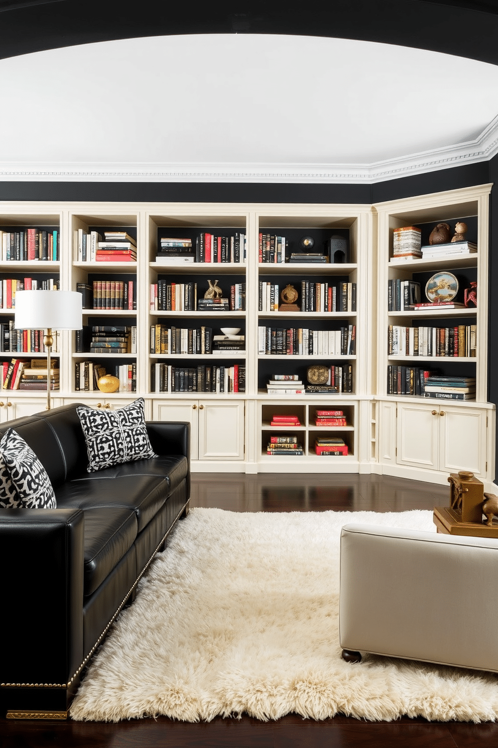 A sophisticated black and cream color palette creates a striking contrast in the home library. The walls are painted in a deep matte black, while the built-in bookshelves are finished in a creamy white, showcasing an extensive collection of books and decorative objects. A plush cream-colored area rug anchors the space, complemented by a sleek black leather sofa adorned with patterned throw pillows. Elegant brass accents, such as a floor lamp and decorative bookends, add a touch of warmth and sophistication to the overall design.