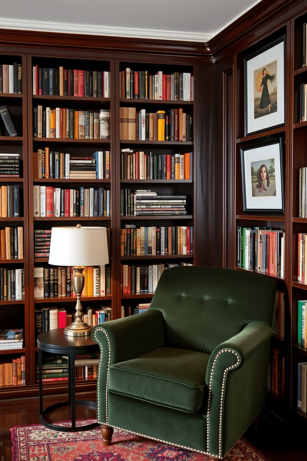 A cozy home library featuring dark wooden bookshelves filled with an array of books, accented by black framed artwork on the walls for visual interest. A plush, deep green armchair sits in the corner, paired with a sleek black side table holding a vintage lamp that casts a warm glow across the space.