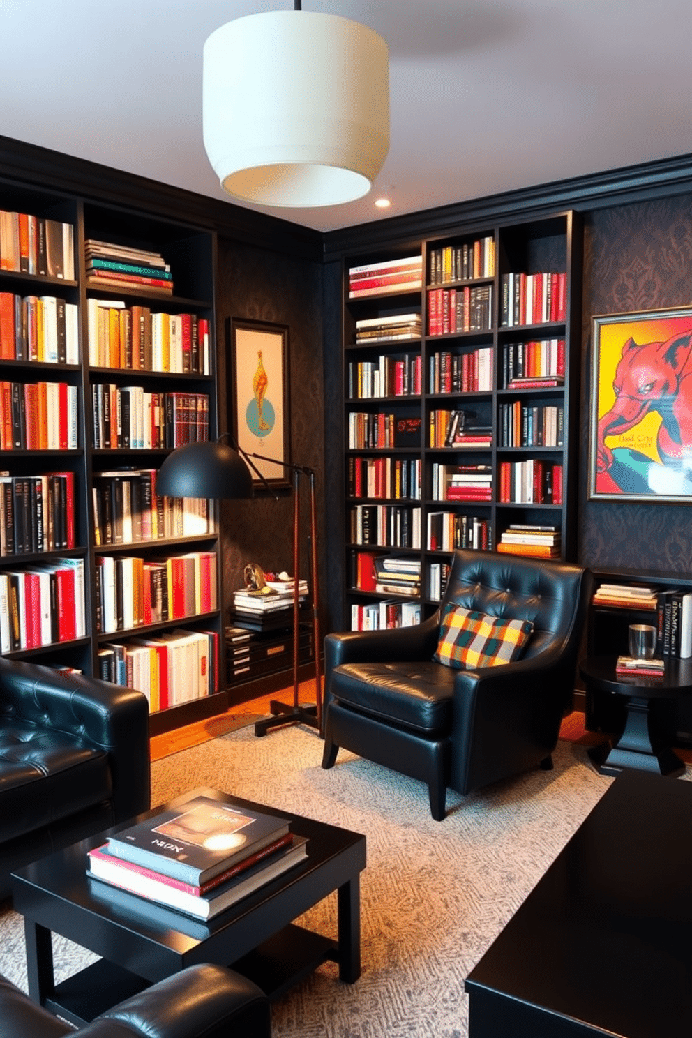 A cozy home library with an eclectic mix of black furniture pieces. The room features a large black bookshelf filled with various books, accompanied by a sleek black leather armchair and a stylish black coffee table. The walls are adorned with a rich, dark wallpaper that adds depth to the space. Warm lighting from a vintage black floor lamp creates an inviting atmosphere, while colorful artwork provides a striking contrast against the dark furnishings.