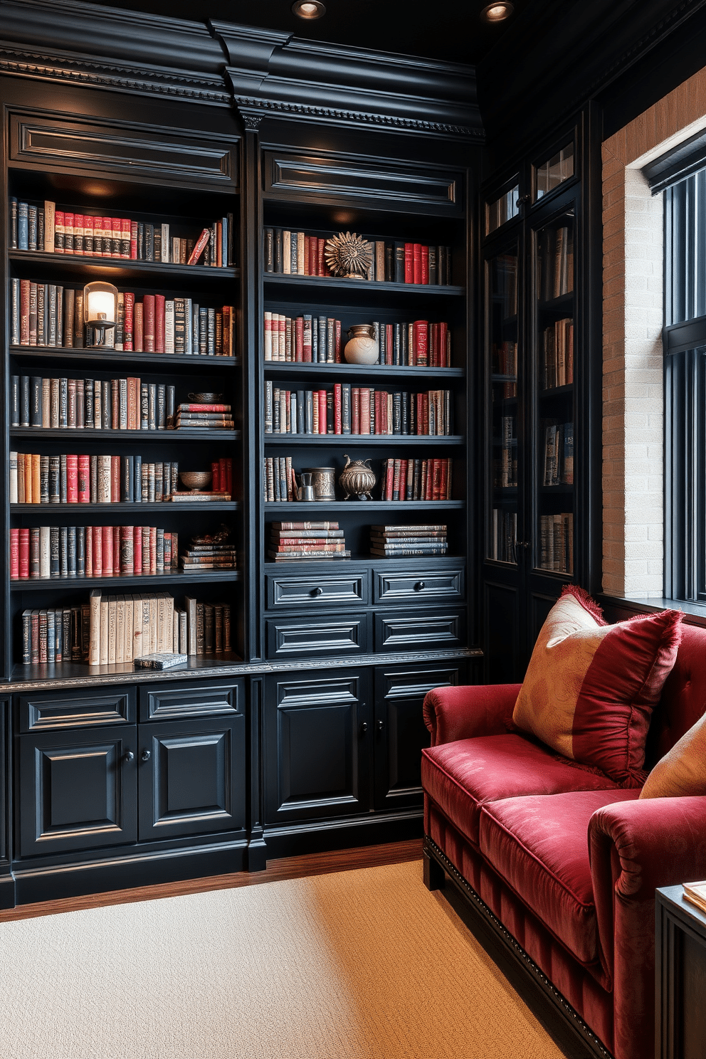 A stunning home library featuring custom black cabinetry that provides unique storage solutions. The cabinetry is designed with intricate detailing and includes shelves for books, decorative items, and hidden compartments for a clean look. The library is accented with plush seating in rich fabrics, creating an inviting reading nook. Soft lighting fixtures are strategically placed to highlight the cabinetry and create a warm, cozy atmosphere.