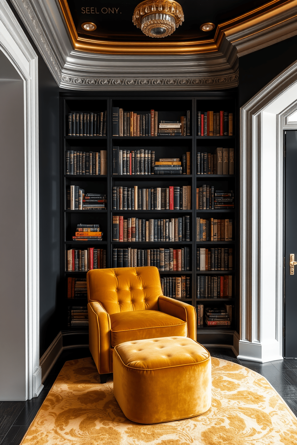 A luxurious home library featuring bold black walls adorned with gold accents throughout. The space includes sleek black bookshelves filled with an array of books, complemented by a plush gold velvet armchair and a matching ottoman for a sophisticated reading nook.