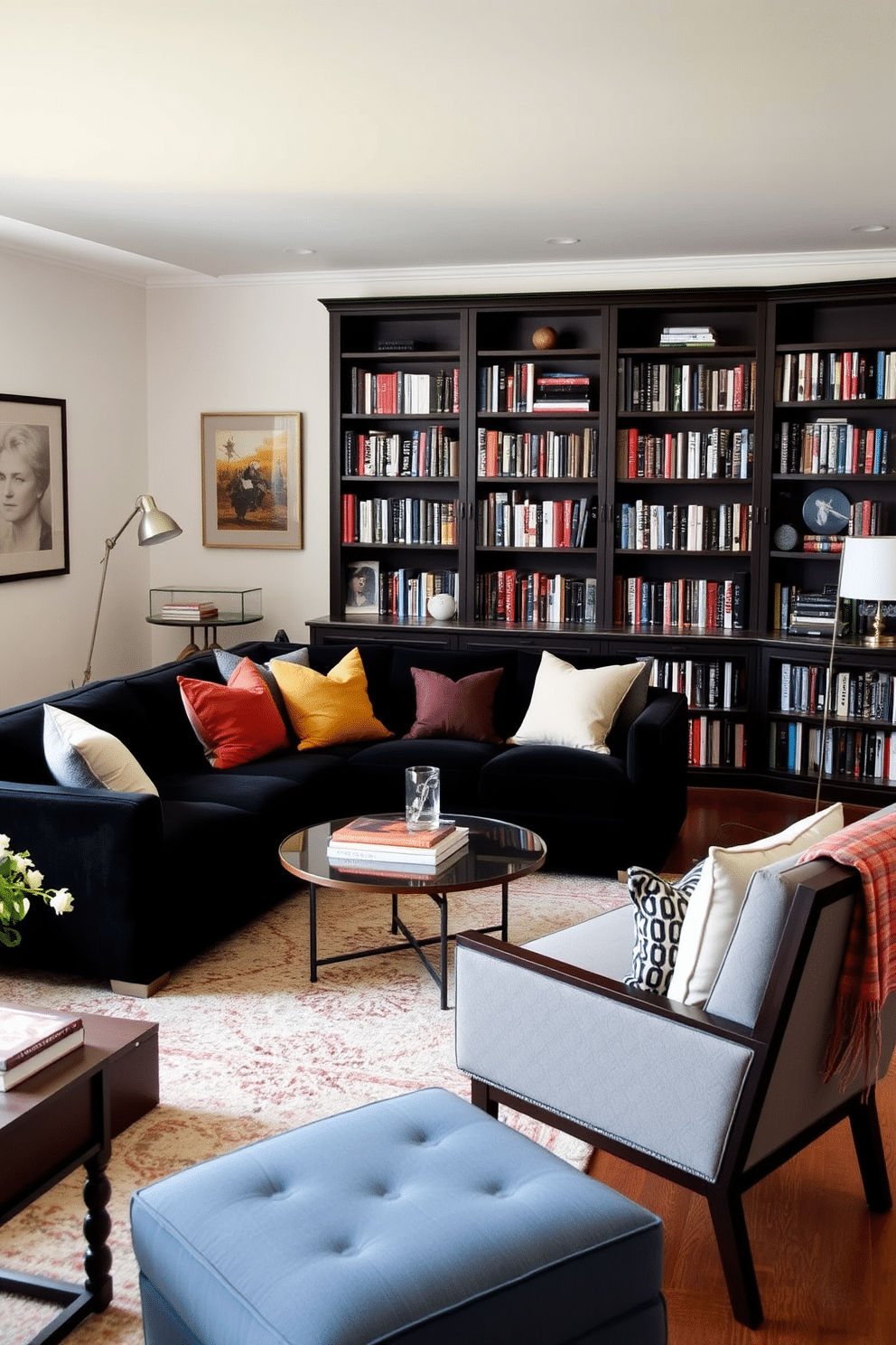 A cozy black sectional sofa is positioned in a well-lit living room, adorned with plush throw pillows in contrasting colors. A soft area rug anchors the seating area, while a stylish coffee table sits in front, perfect for holding books and drinks. The home library features dark wood bookshelves filled with a curated collection of literature, creating an inviting atmosphere. A comfortable reading chair in the corner, paired with a sleek floor lamp, offers a perfect nook for quiet reading and relaxation.