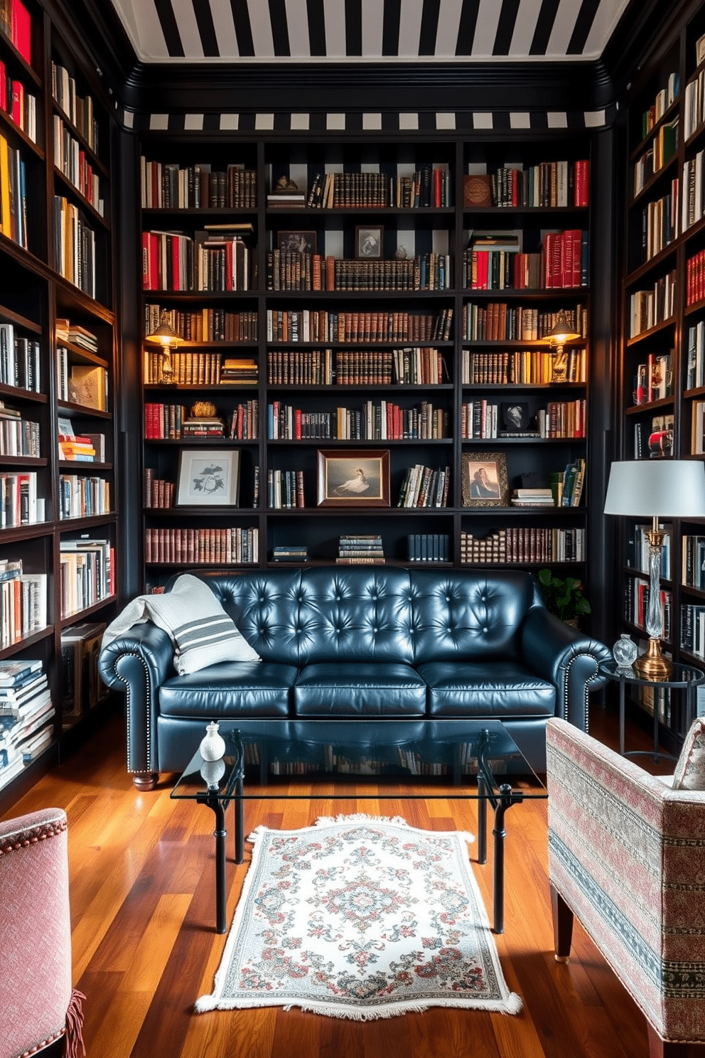 A cozy home library featuring black and white striped wallpaper as the backdrop. The space is filled with dark wooden bookshelves that reach from floor to ceiling, showcasing a diverse collection of books and decorative items. In the center, a plush black leather sofa invites relaxation, paired with a sleek glass coffee table. Soft ambient lighting from stylish sconces creates a warm atmosphere, while a vintage rug adds a touch of elegance to the hardwood floor.