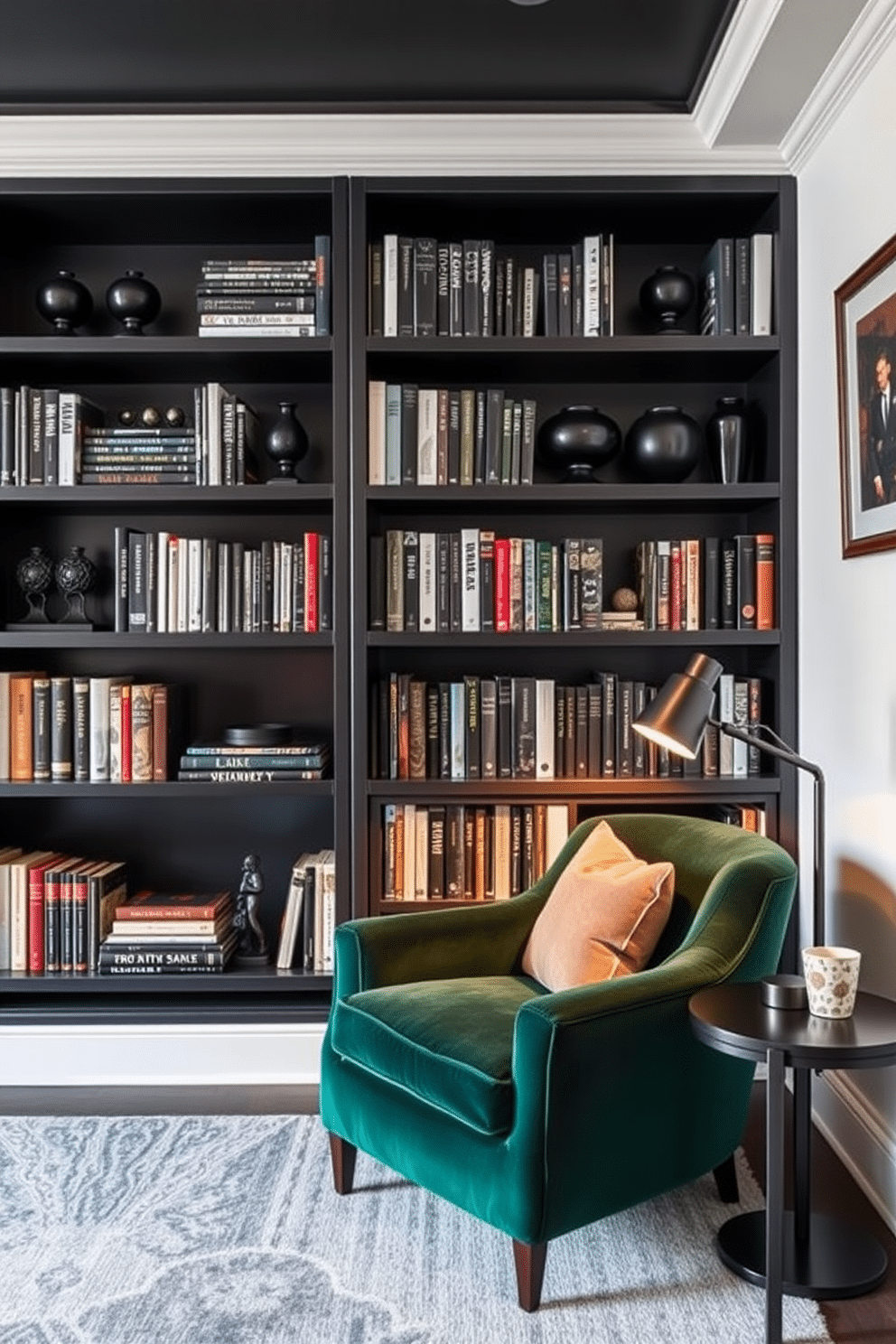 A chic black home library featuring sleek black shelves filled with an array of books, accented by stylish black decor items such as sculptures and vases. A plush, deep emerald green armchair sits in the corner, paired with a small black side table holding a modern lamp that casts a warm glow over the space.