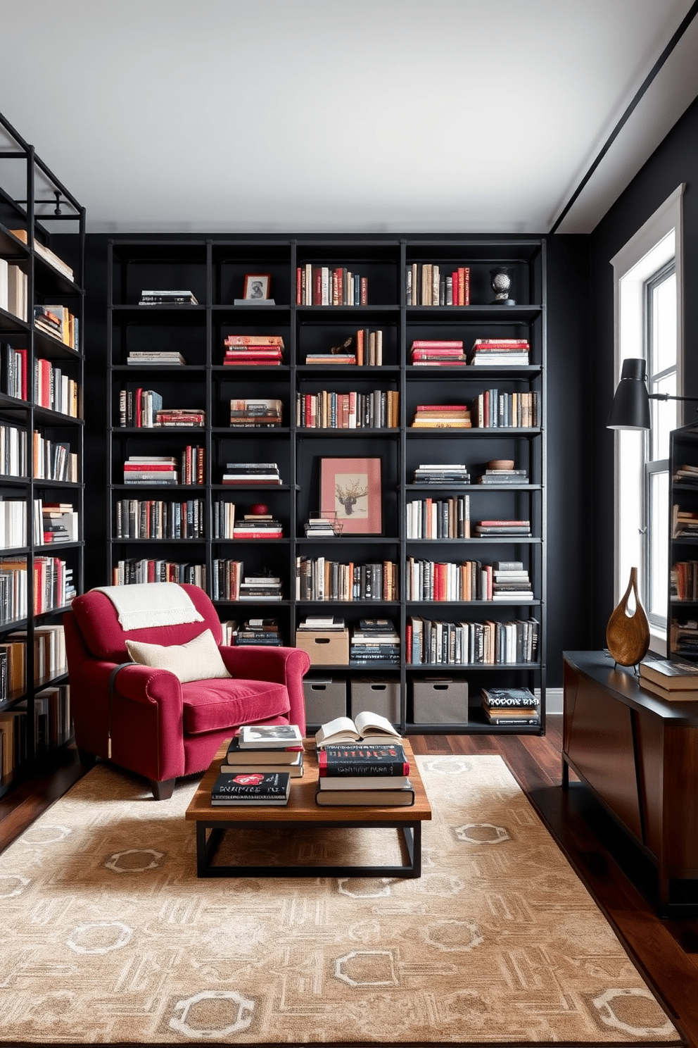 A striking black home library featuring industrial-style metal shelving units reaches from floor to ceiling, showcasing an array of books and decorative items. The walls are painted a deep charcoal gray, and a plush, oversized armchair in a rich burgundy hue invites you to settle in with a good book. The metal shelving is complemented by warm wood accents, including a sturdy coffee table and a side console, creating a balanced contrast. Soft, ambient lighting from sleek black sconces enhances the cozy atmosphere, while a large area rug with geometric patterns grounds the space.