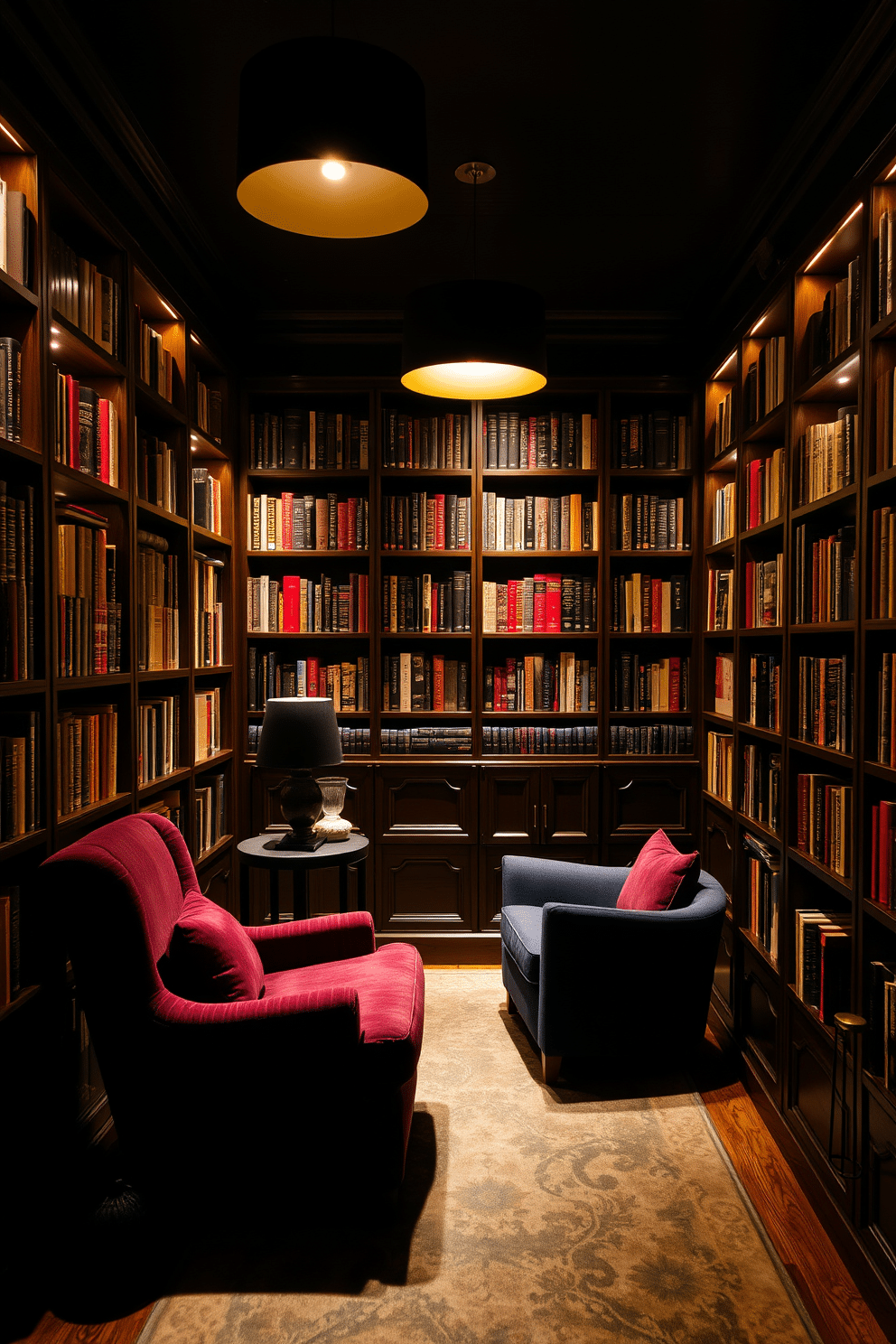 Moody lighting casts a warm glow throughout the room, enhanced by stylish black lampshades that add an air of sophistication. The walls are lined with dark wooden shelves filled with an array of books, creating an intimate and inviting atmosphere for reading. A plush, deep-colored armchair is positioned in the corner, accompanied by a small side table for drinks and reading materials. Rich, textured fabrics in shades of burgundy and navy complement the dark wood, while a soft area rug anchors the space, inviting relaxation.