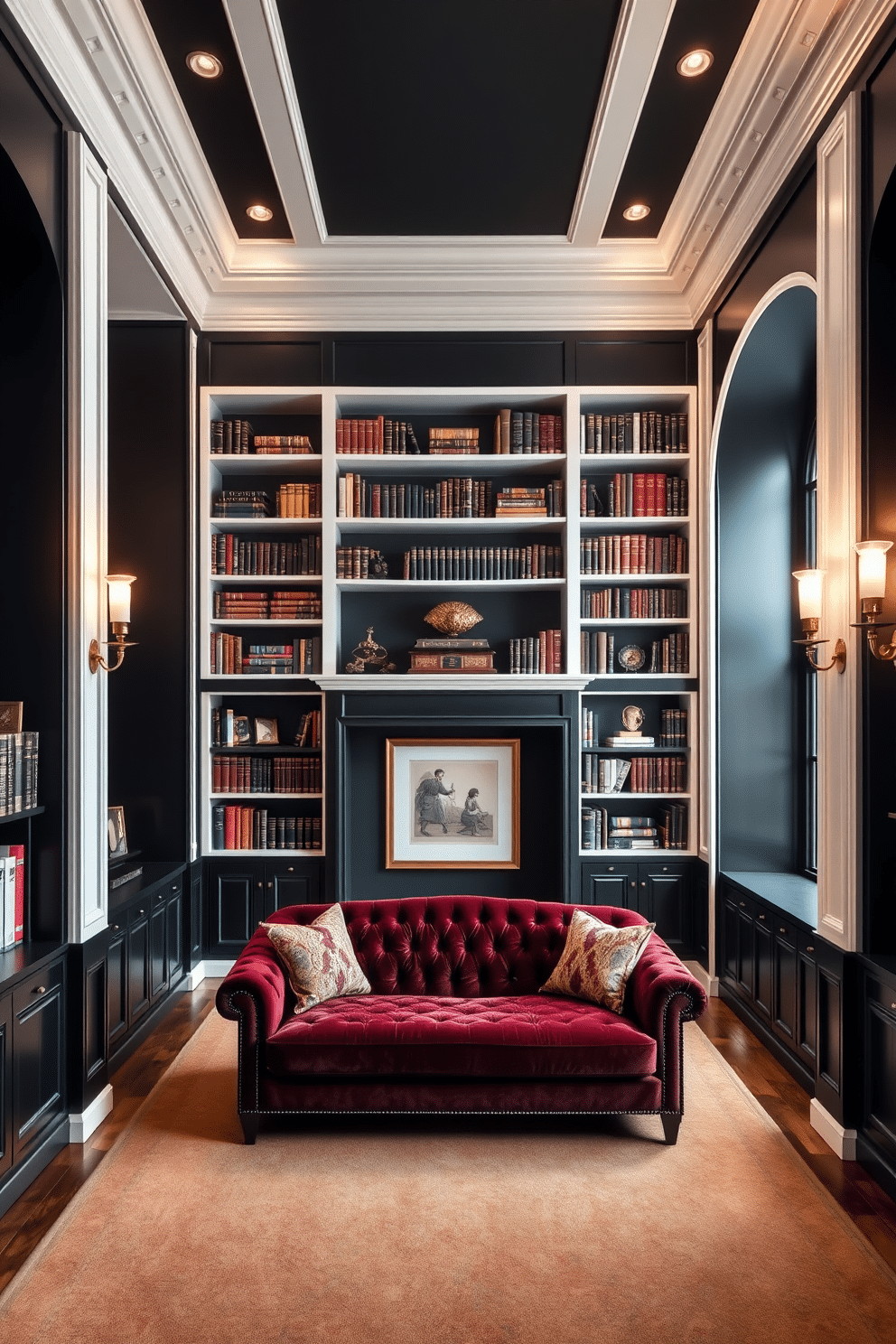 A luxurious home library with rich black walls that create a dramatic backdrop. The contrasting white trim highlights the architectural details, including built-in shelves filled with books and decorative items. A plush velvet sofa in a deep jewel tone is positioned in the center, inviting relaxation and reading. Soft, ambient lighting from elegant sconces casts a warm glow, enhancing the sophisticated atmosphere.