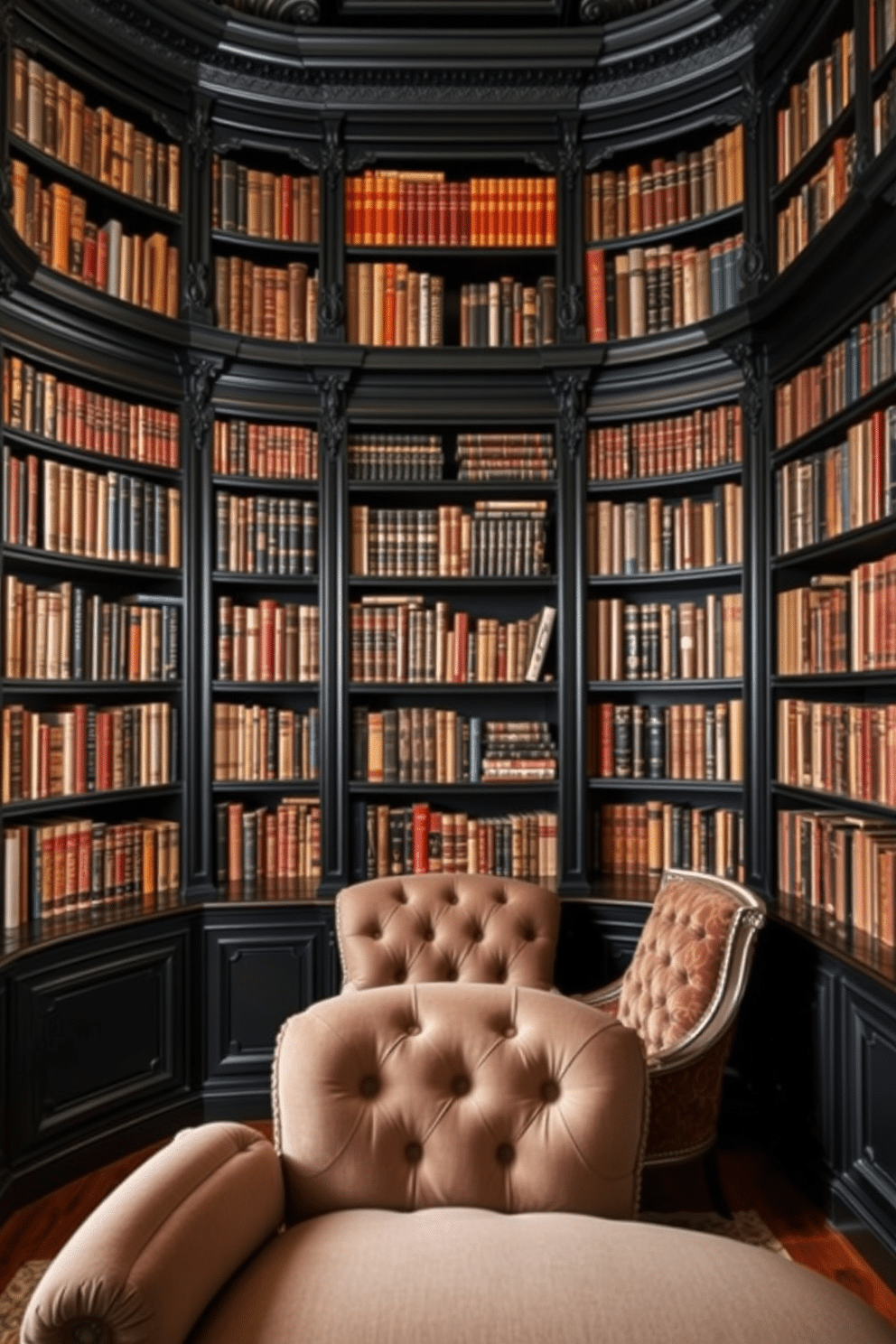 A vintage black home library features elegant bookcases with ornate details, showcasing a rich collection of classic literature. The deep, dark wood contrasts beautifully with plush, tufted seating and warm ambient lighting, creating an inviting reading nook.