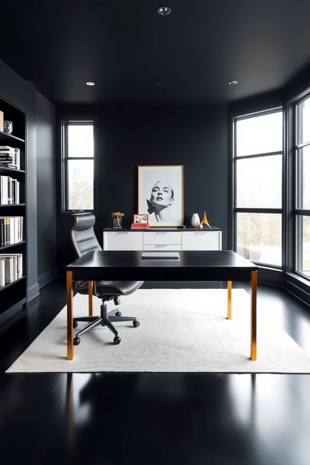 A sleek black desk with brass accents is positioned in the center of a modern home office. The walls are painted a deep navy blue, contrasting beautifully with the warm brass details and the minimalist decor throughout the space. A comfortable ergonomic chair in black leather complements the desk, while a stylish bookshelf filled with curated books and decor pieces lines one side of the room. Large windows allow natural light to flood in, illuminating the workspace and enhancing the sophisticated atmosphere.