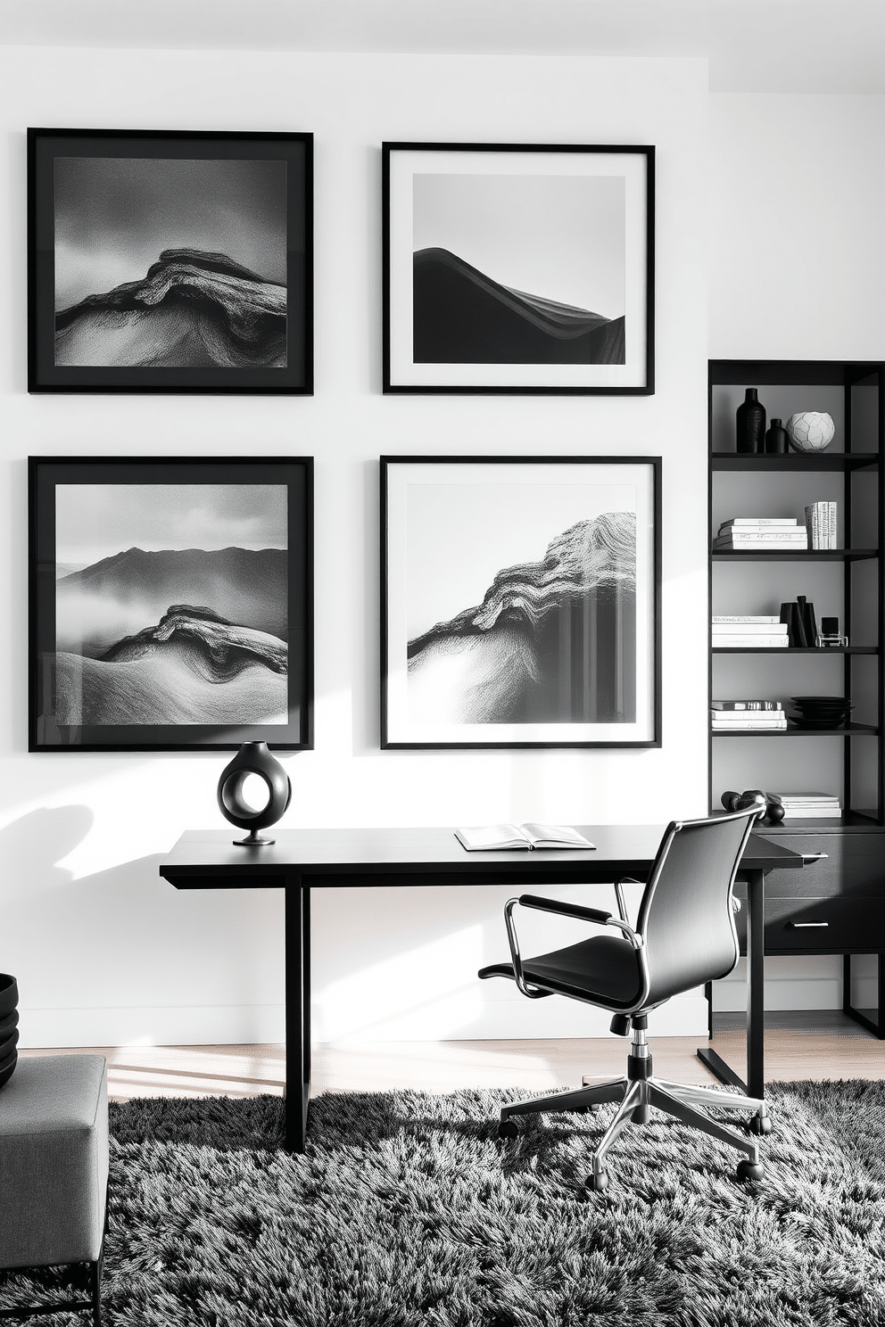 A sleek home office featuring monochrome art pieces in black frames adorns the walls, creating a striking contrast against the crisp white backdrop. The desk, crafted from dark wood, is paired with an ergonomic chair, while a minimalist bookshelf displays curated books and decorative objects, enhancing the sophisticated atmosphere. The overall design incorporates a neutral color palette, with black accents in the furniture and decor to maintain a cohesive look. A plush area rug anchors the space, adding warmth and comfort, while strategically placed lighting highlights the art pieces, making them focal points in the room.