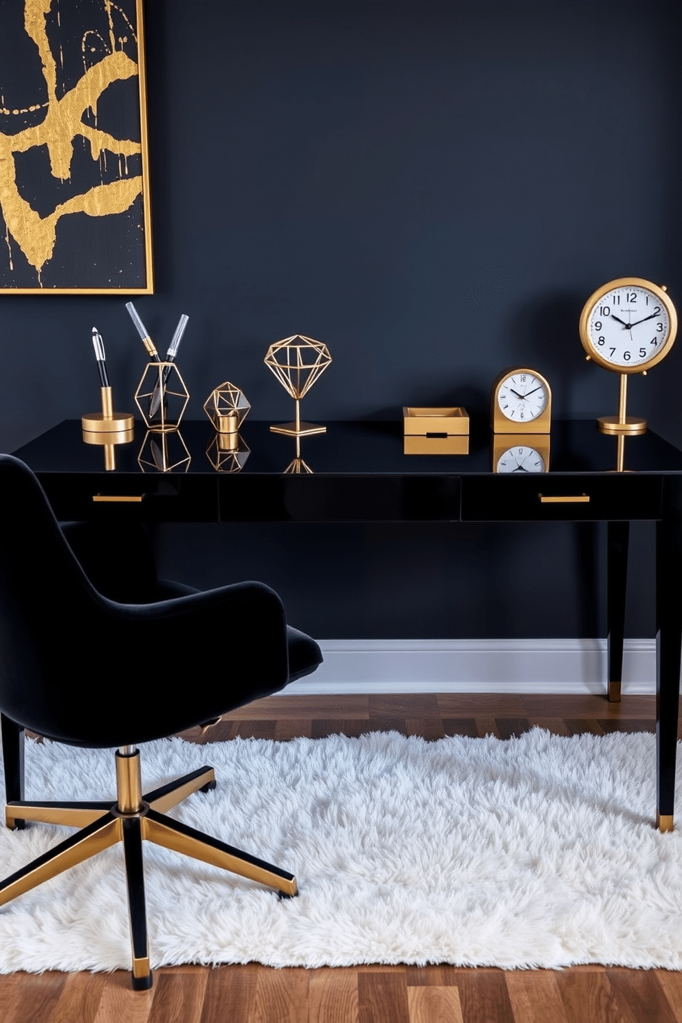 A sleek black desk is paired with luxurious gold desk accessories, including a geometric pen holder, a stylish stapler, and an elegant desk clock. The backdrop features a deep charcoal wall adorned with abstract gold artwork, creating a sophisticated atmosphere. The office chair is upholstered in black velvet, complementing the glossy black finish of the desk. A plush area rug with gold accents lies beneath the desk, adding warmth and texture to the modern workspace.