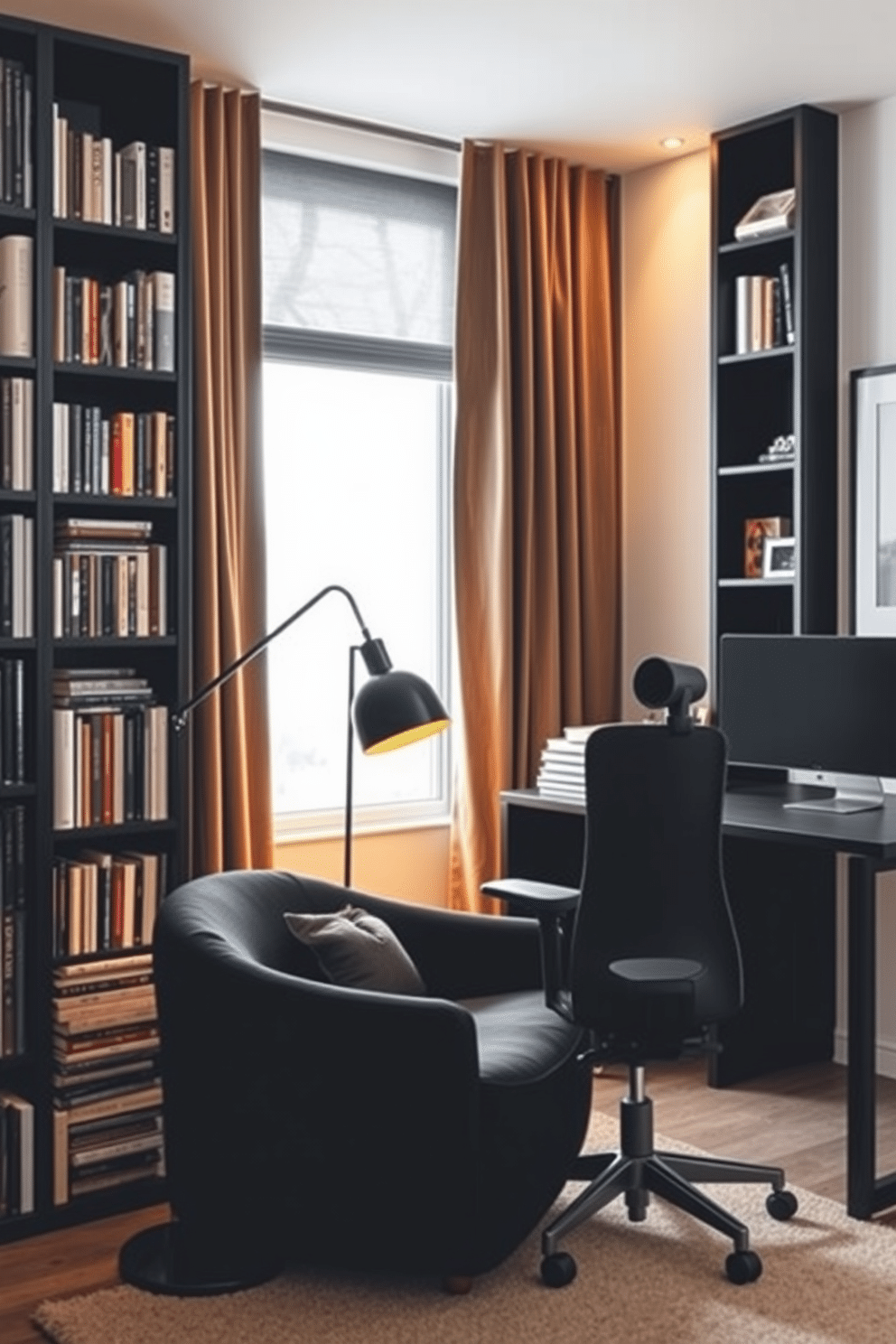 A cozy reading nook featuring a plush black armchair nestled in the corner, surrounded by tall bookshelves filled with an array of books. Soft, ambient lighting from a stylish floor lamp casts a warm glow, inviting relaxation and escape into the pages of a good novel. A sleek black home office designed for productivity and style, showcasing a modern desk with clean lines and a comfortable ergonomic chair. The walls are adorned with minimalist art, and a large window allows natural light to flood the space, creating an inspiring work environment.