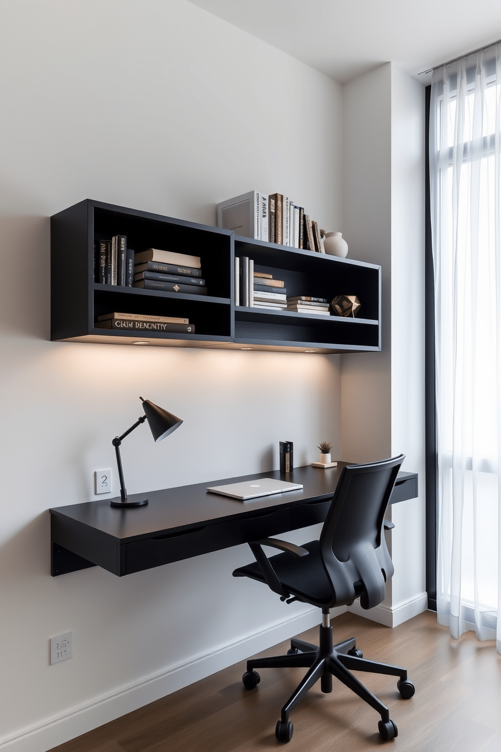 A sleek wall-mounted black desk is positioned in a minimalist home office, maximizing space in a compact area. The desk features clean lines and a matte finish, complemented by a stylish ergonomic chair that enhances comfort and productivity. Above the desk, open shelves display curated books and decorative items, adding personality to the workspace. A large window allows natural light to flood the room, with sheer curtains that soften the sunlight and create an inviting atmosphere.