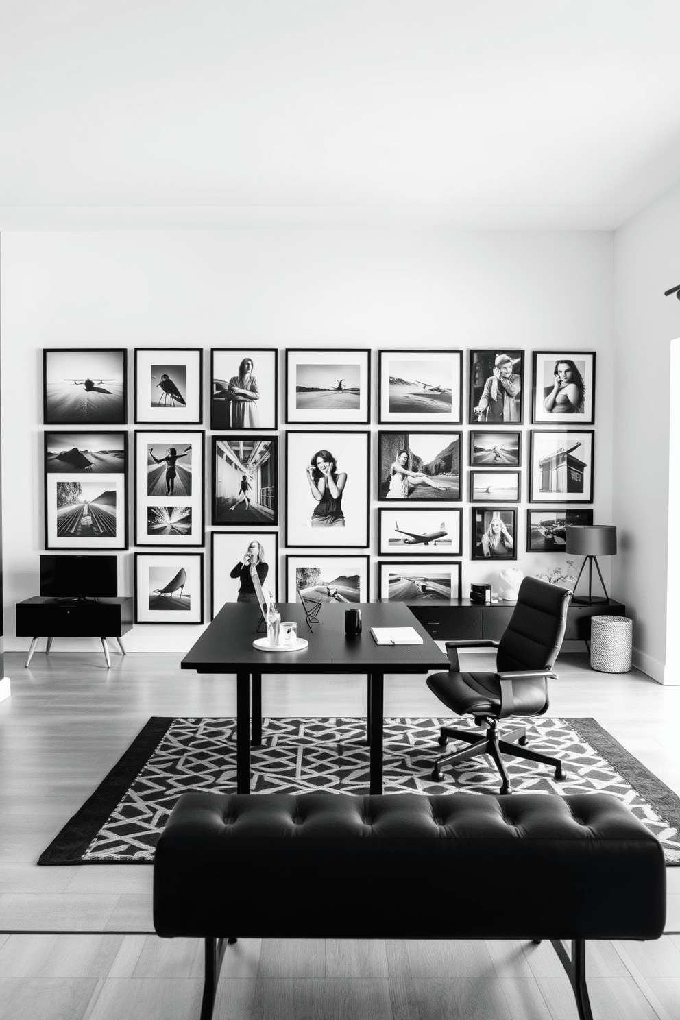 A striking black and white photography gallery wall spans the length of a modern living room. The frames vary in size and style, creating a dynamic visual impact against a crisp white wall, with each photograph telling its own story. The black home office features sleek, minimalist furniture with a large, dark wood desk positioned in front of a window. Accent pieces like a geometric rug and stylish desk accessories add personality while maintaining a sophisticated ambiance.