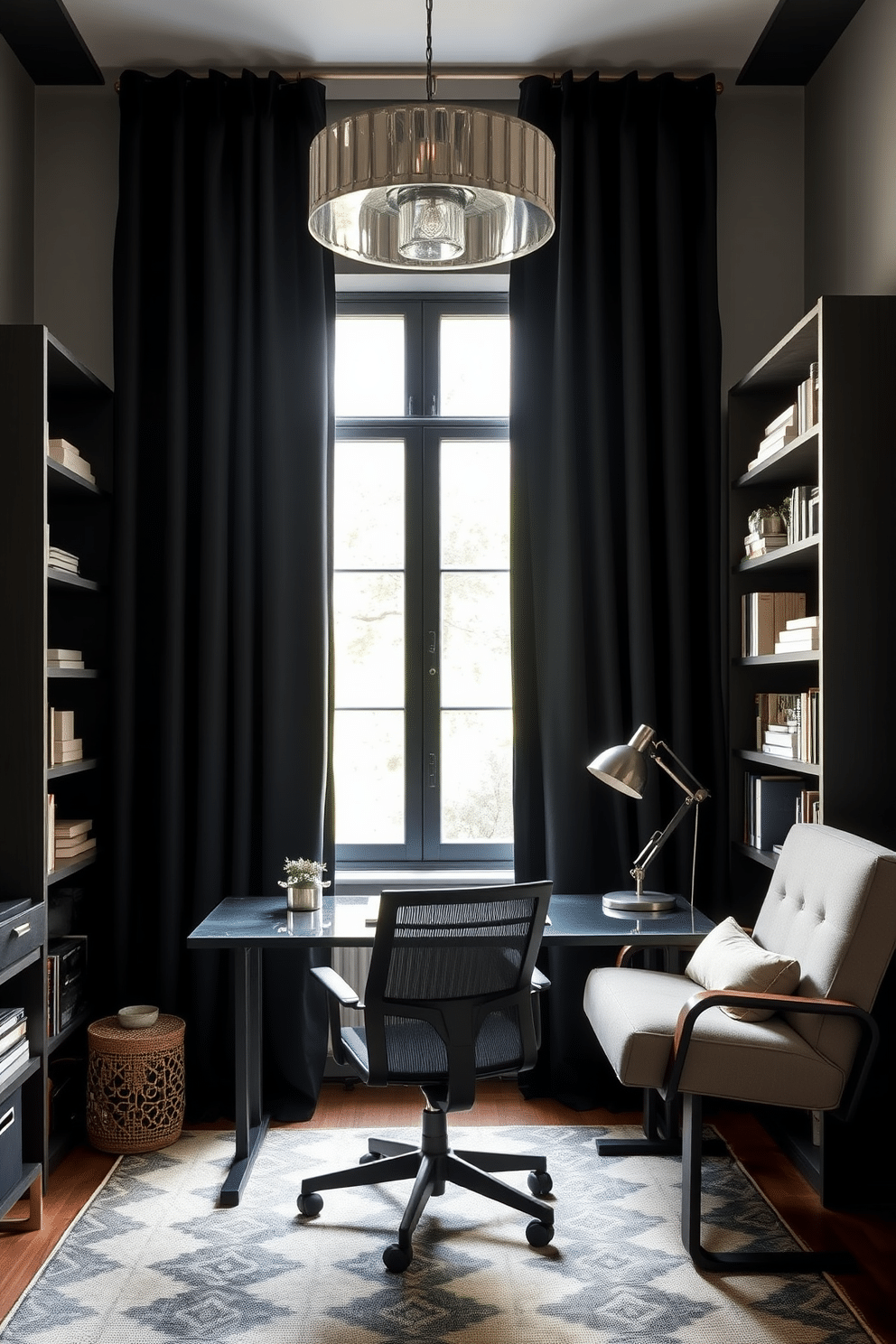 A striking home office features bold black curtains that frame a large window, allowing natural light to filter in while creating a dramatic atmosphere. The space includes a sleek black desk paired with a comfortable ergonomic chair, accented by modern shelving units filled with books and decorative items. The walls are painted in a soft gray to contrast with the dark curtains, enhancing the overall sophistication of the room. A stylish area rug in a geometric pattern adds warmth and texture, while a statement light fixture hangs above the desk, providing ample illumination for work tasks.