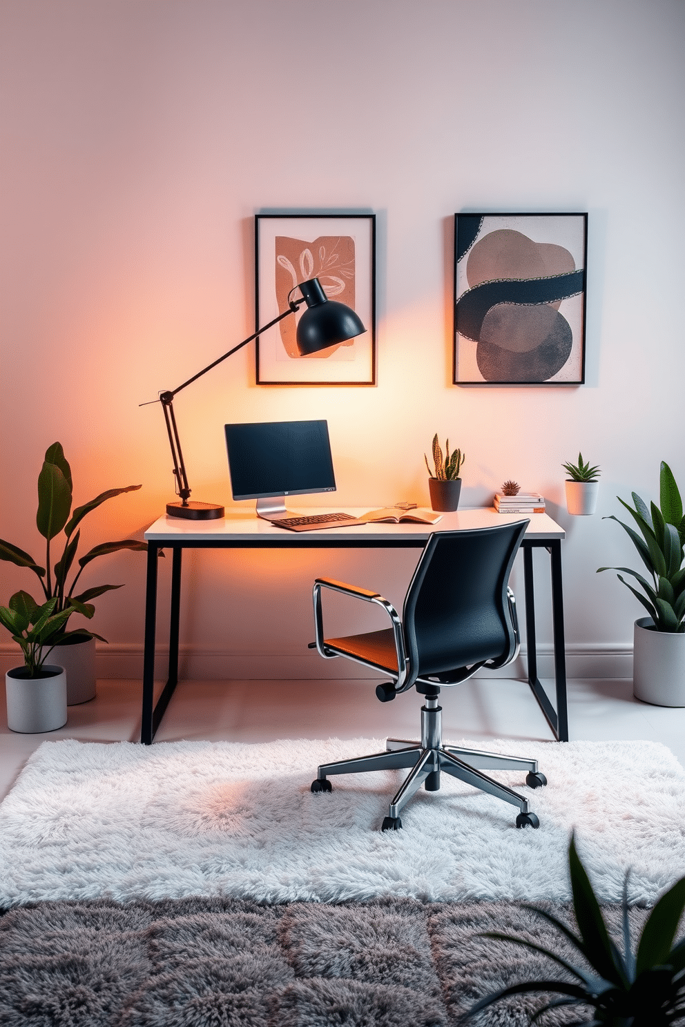 A contemporary black desk lamp emits a warm light, casting a cozy glow over a sleek, modern workspace. The desk is minimalistic, featuring clean lines and a polished surface, complemented by a stylish ergonomic chair. The walls are adorned with abstract art, adding a touch of creativity to the room. A plush area rug anchors the space, while a few potted plants bring a refreshing burst of greenery to the overall design.