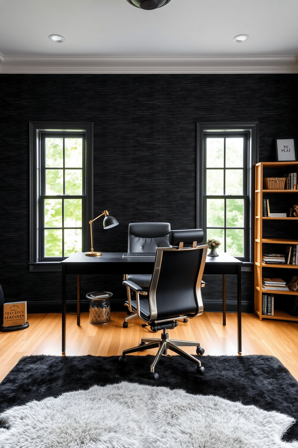 Textured black wallpaper adds depth and sophistication to a home office, creating a dramatic backdrop for creativity and focus. The space features a sleek black desk with a modern ergonomic chair, complemented by warm wooden accents and stylish gold hardware. Large windows allow natural light to flood the room, highlighting the rich textures of the wallpaper. A plush area rug in a contrasting color anchors the space, while strategically placed shelves display curated decor and books for inspiration.