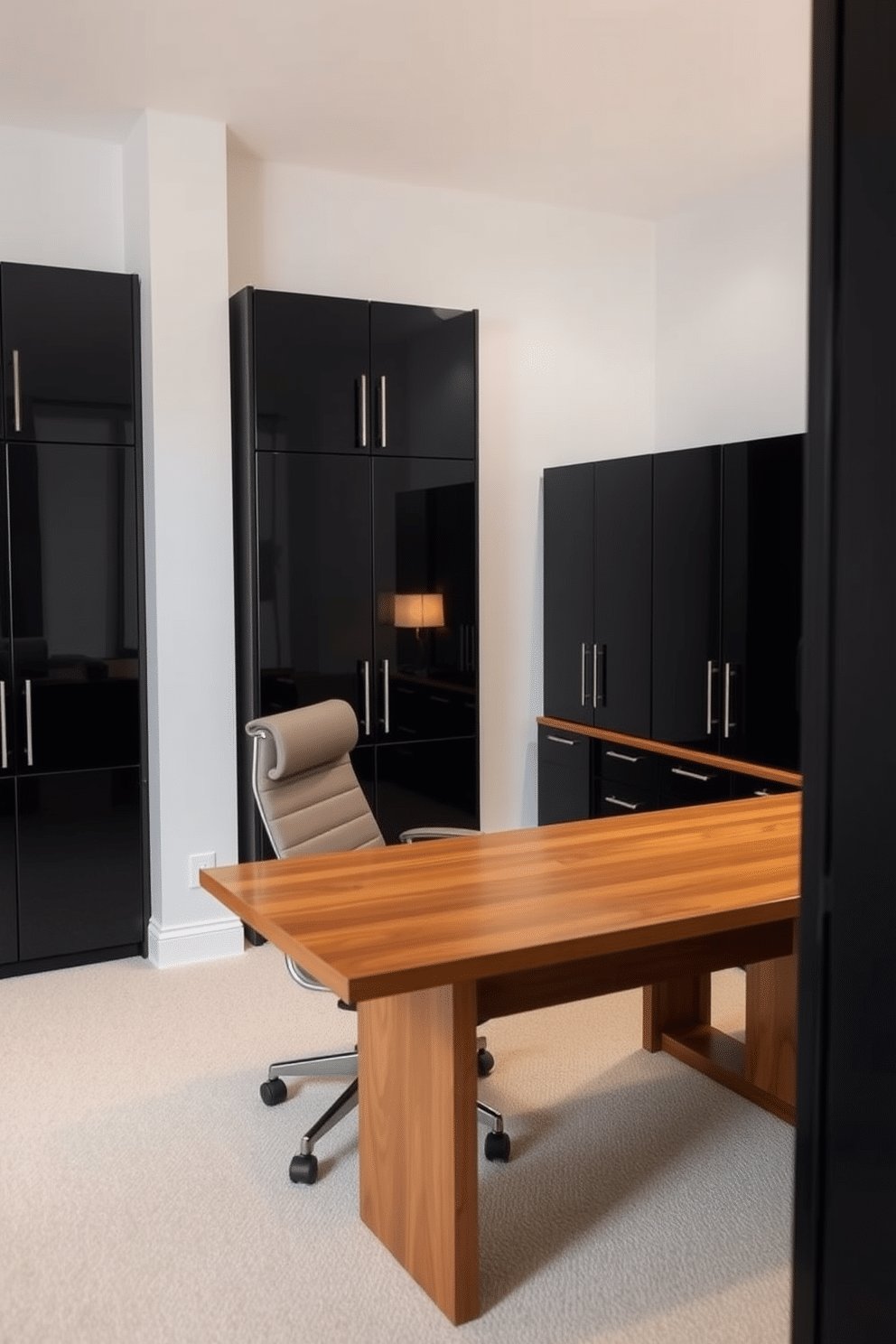 A modern home office featuring black file cabinets with a sleek, minimalist design. The cabinets are arranged neatly against a white wall, providing a striking contrast and ample storage space. In the center of the room, a large wooden desk complements the black cabinetry, paired with an ergonomic chair. Soft lighting from a stylish desk lamp creates a warm and inviting atmosphere for productivity.