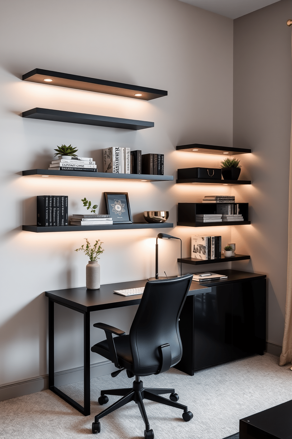 A modern home office featuring sleek black floating shelves mounted on the walls, providing both decor and storage solutions. The shelves are adorned with stylish books, decorative boxes, and a small indoor plant, creating a functional yet aesthetically pleasing workspace. The office is designed with a minimalist approach, featuring a black desk paired with a comfortable ergonomic chair. Soft ambient lighting illuminates the space, enhancing the overall sophistication and inviting atmosphere.